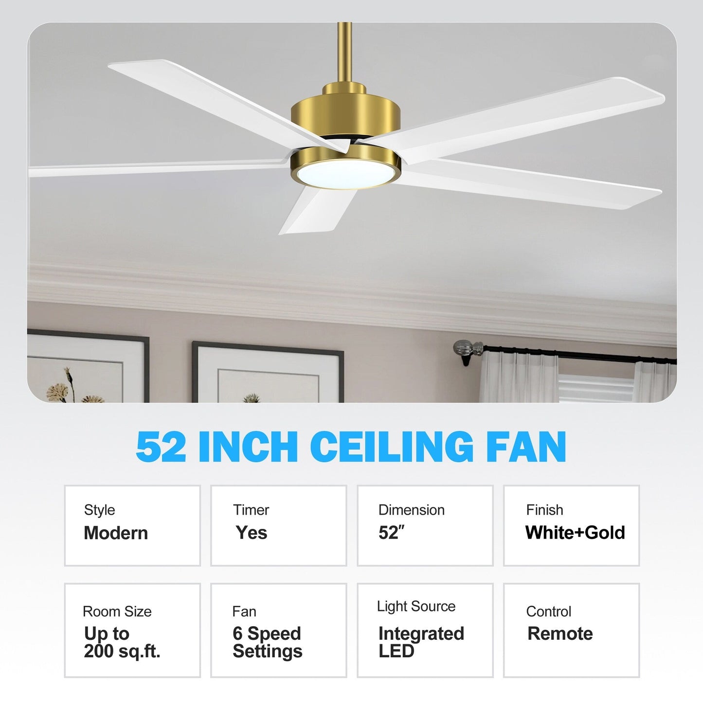 Ventilateur de plafond Breezary à 5 pales LED 65/52/42 avec kit d'éclairage et télécommande