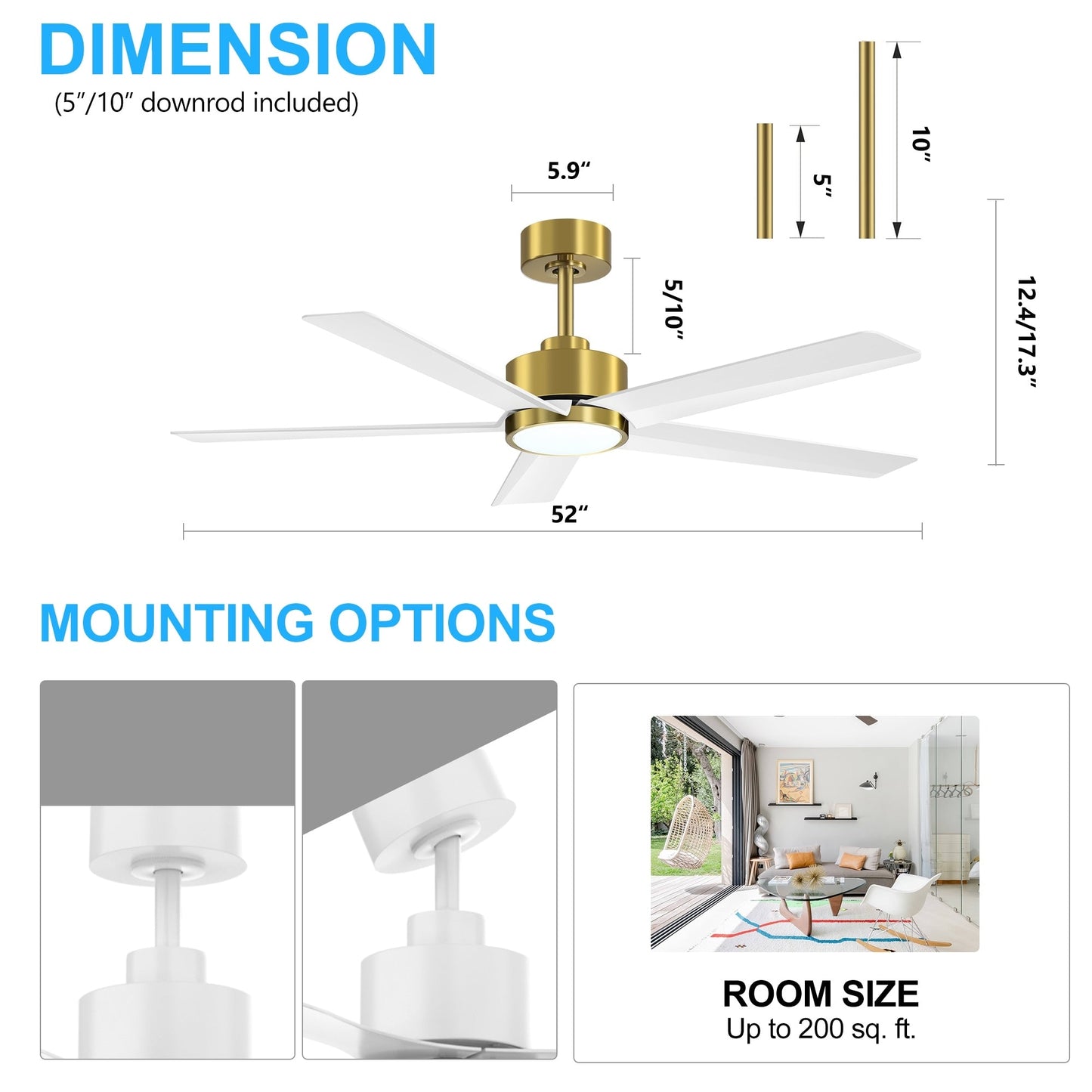 Ventilateur de plafond Breezary à 5 pales LED 65/52/42 avec kit d'éclairage et télécommande