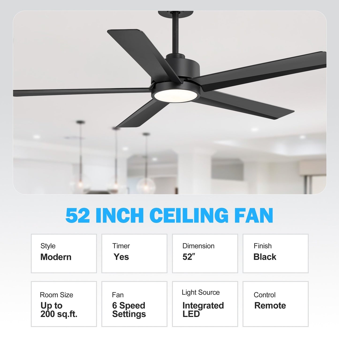 Ventilateur de plafond Breezary à 5 pales LED 65/52/42 avec kit d'éclairage et télécommande
