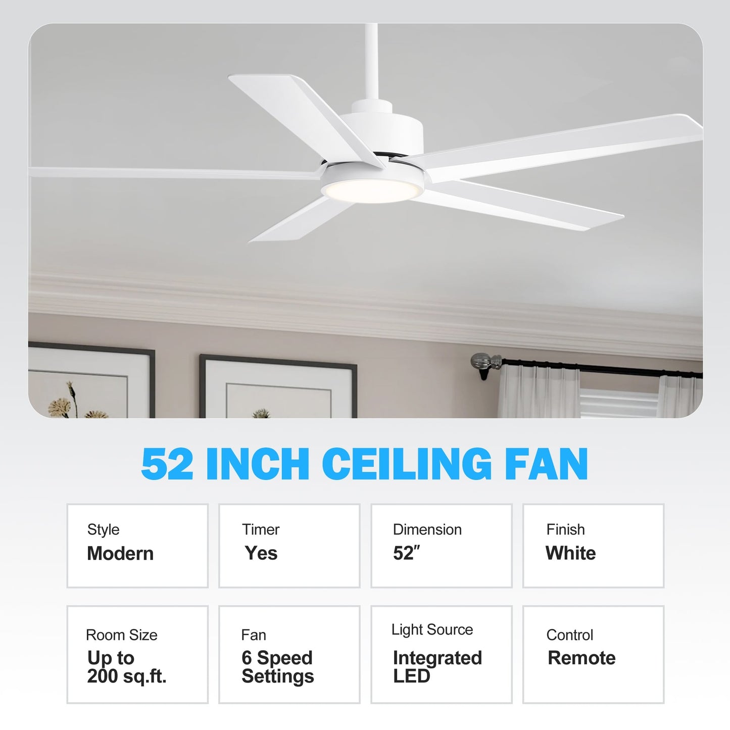 Ventilateur de plafond Breezary à 5 pales LED 65/52/42 avec kit d'éclairage et télécommande