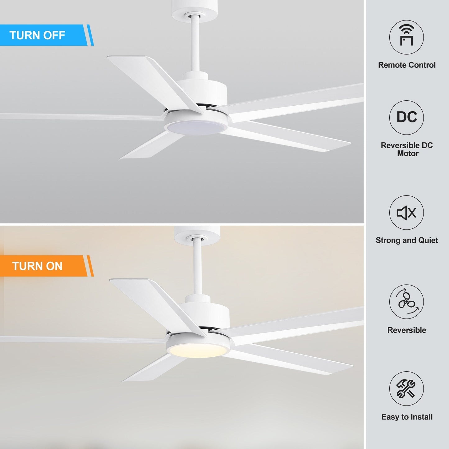 Ventilateur de plafond Breezary à 5 pales LED 65/52/42 avec kit d'éclairage et télécommande