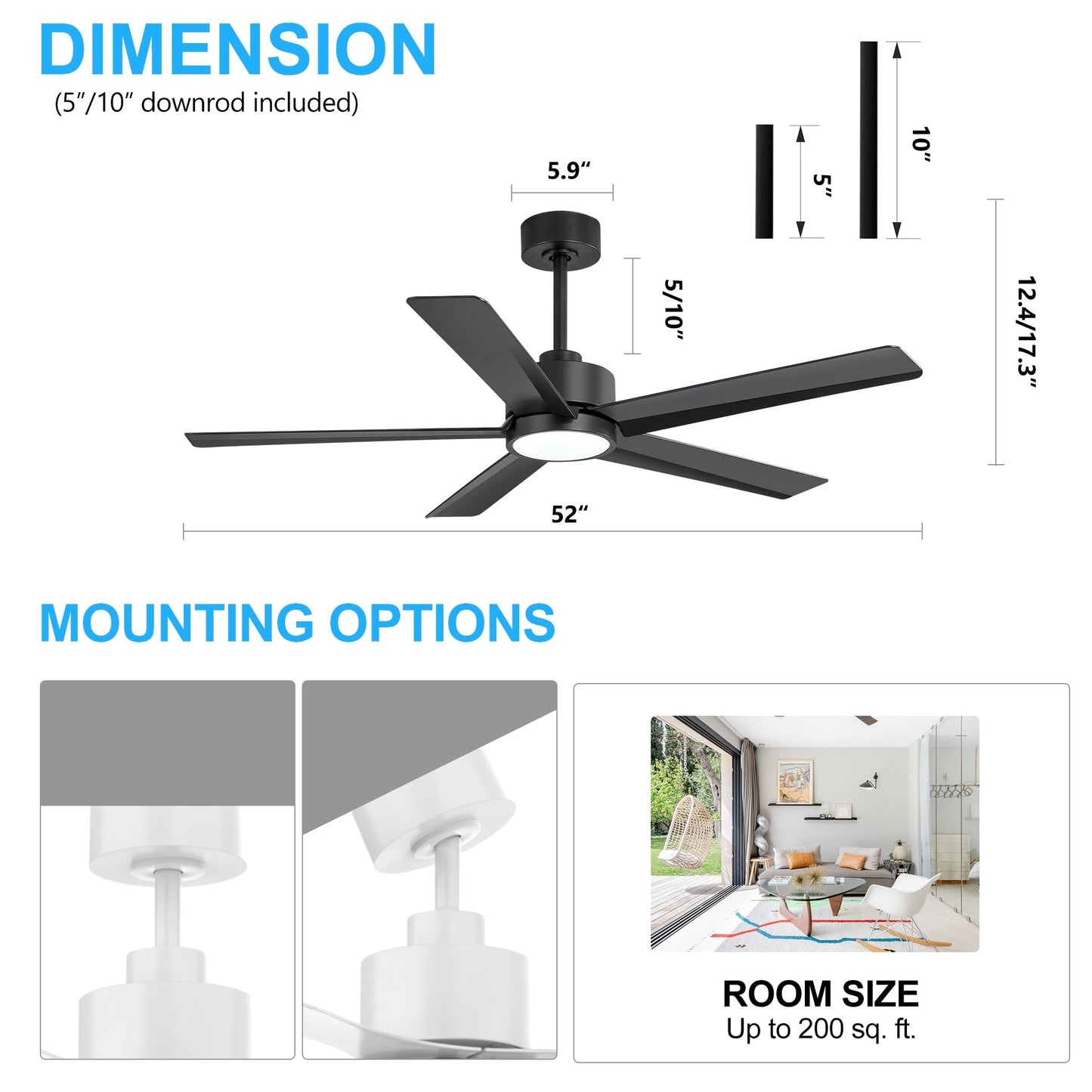 Ventilateur de plafond Breezary à 5 pales LED 65/52/42 avec kit d'éclairage et télécommande