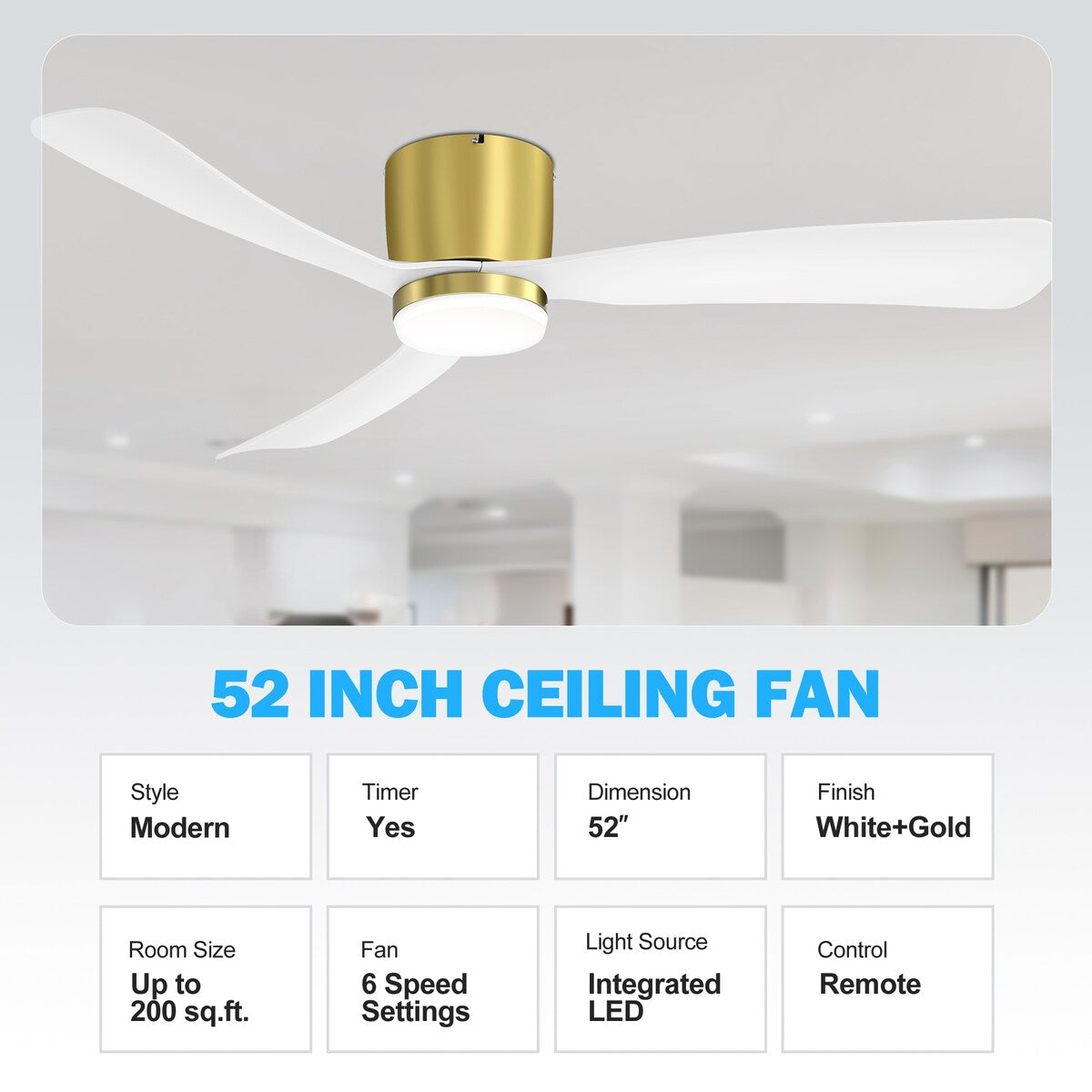 Ventilateur de plafond LED à montage encastré de 52 pouces noir/blanc avec télécommande (3 pales)