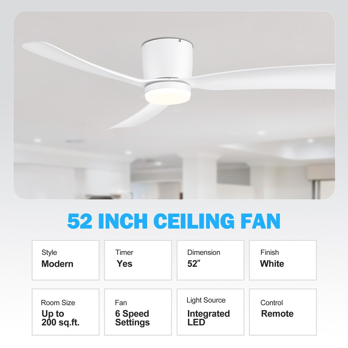 Ventilateur de plafond LED à montage encastré de 52 pouces noir/blanc avec télécommande (3 pales)