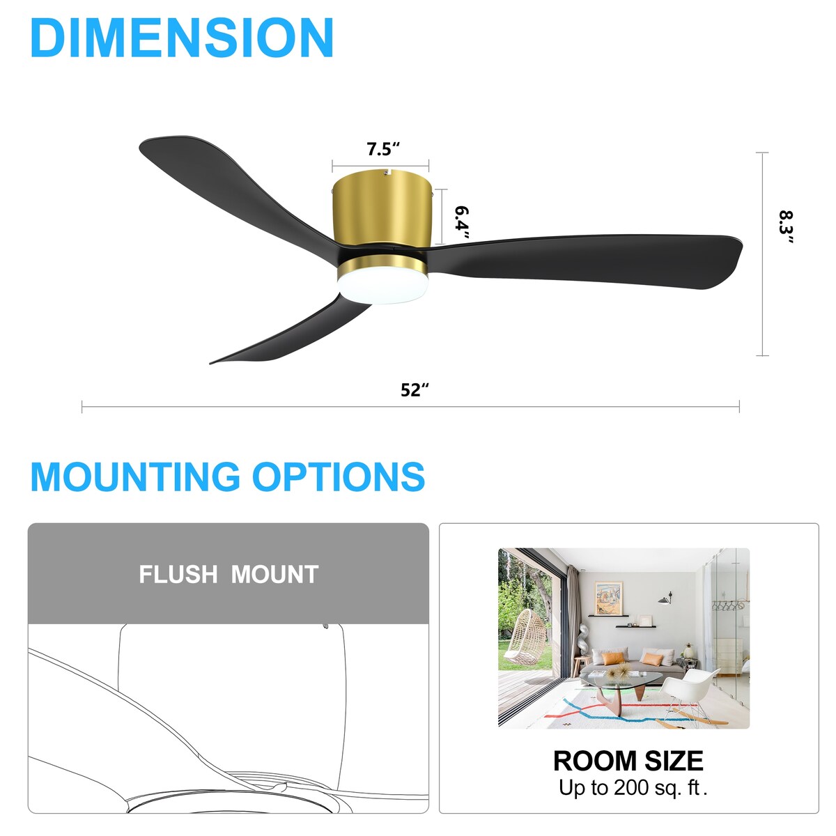 Ventilateur de plafond LED à montage encastré de 52 pouces noir/blanc avec télécommande (3 pales)