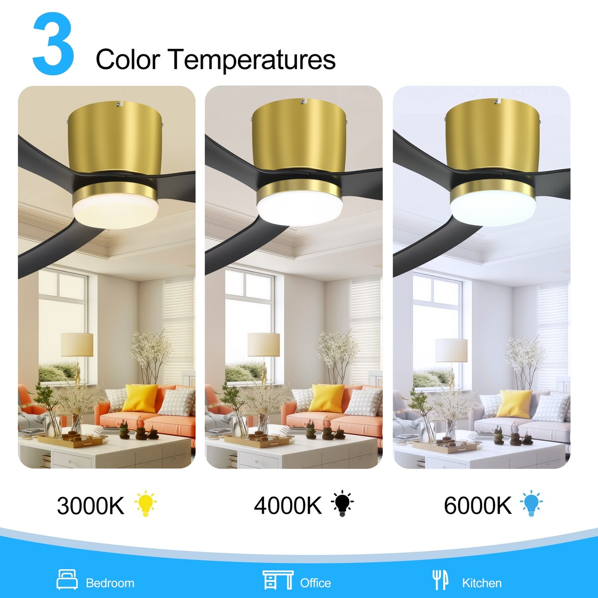 Ventilateur de plafond LED à montage encastré de 52 pouces noir/blanc avec télécommande (3 pales)