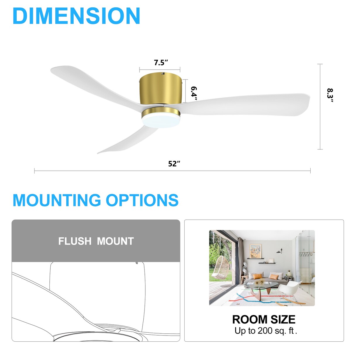 Ventilateur de plafond LED à montage encastré de 52 pouces noir/blanc avec télécommande (3 pales)