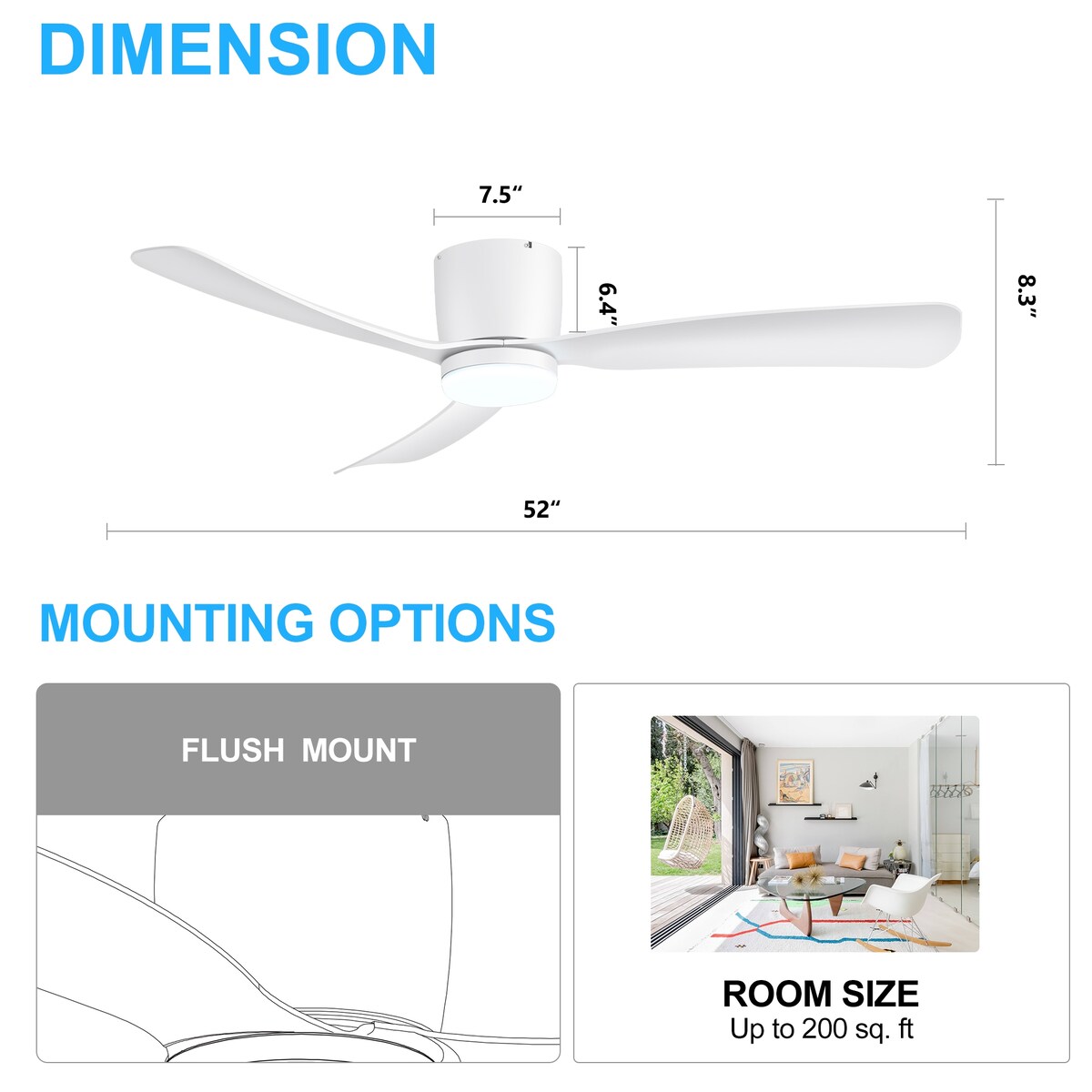 Ventilateur de plafond LED à montage encastré de 52 pouces noir/blanc avec télécommande (3 pales)
