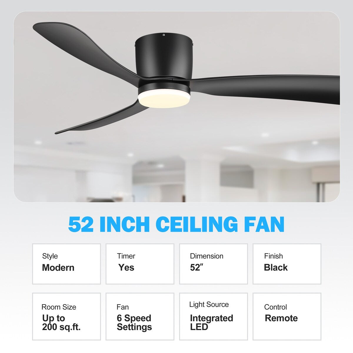 Ventilateur de plafond LED à montage encastré de 52 pouces noir/blanc avec télécommande (3 pales)