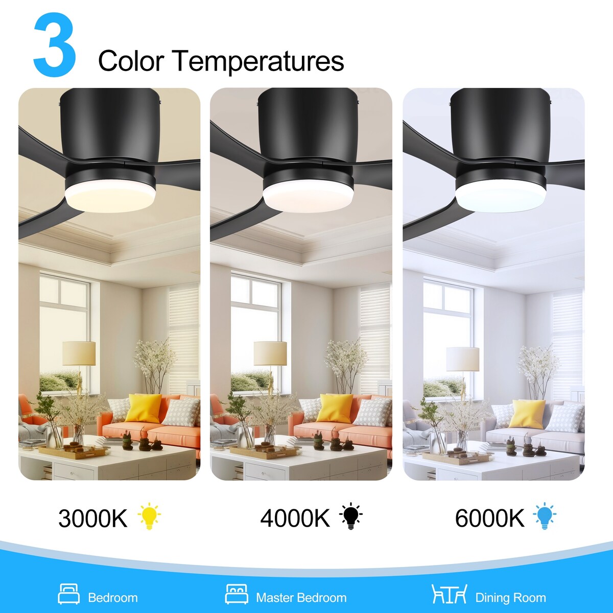 Ventilateur de plafond LED à montage encastré de 52 pouces noir/blanc avec télécommande (3 pales)