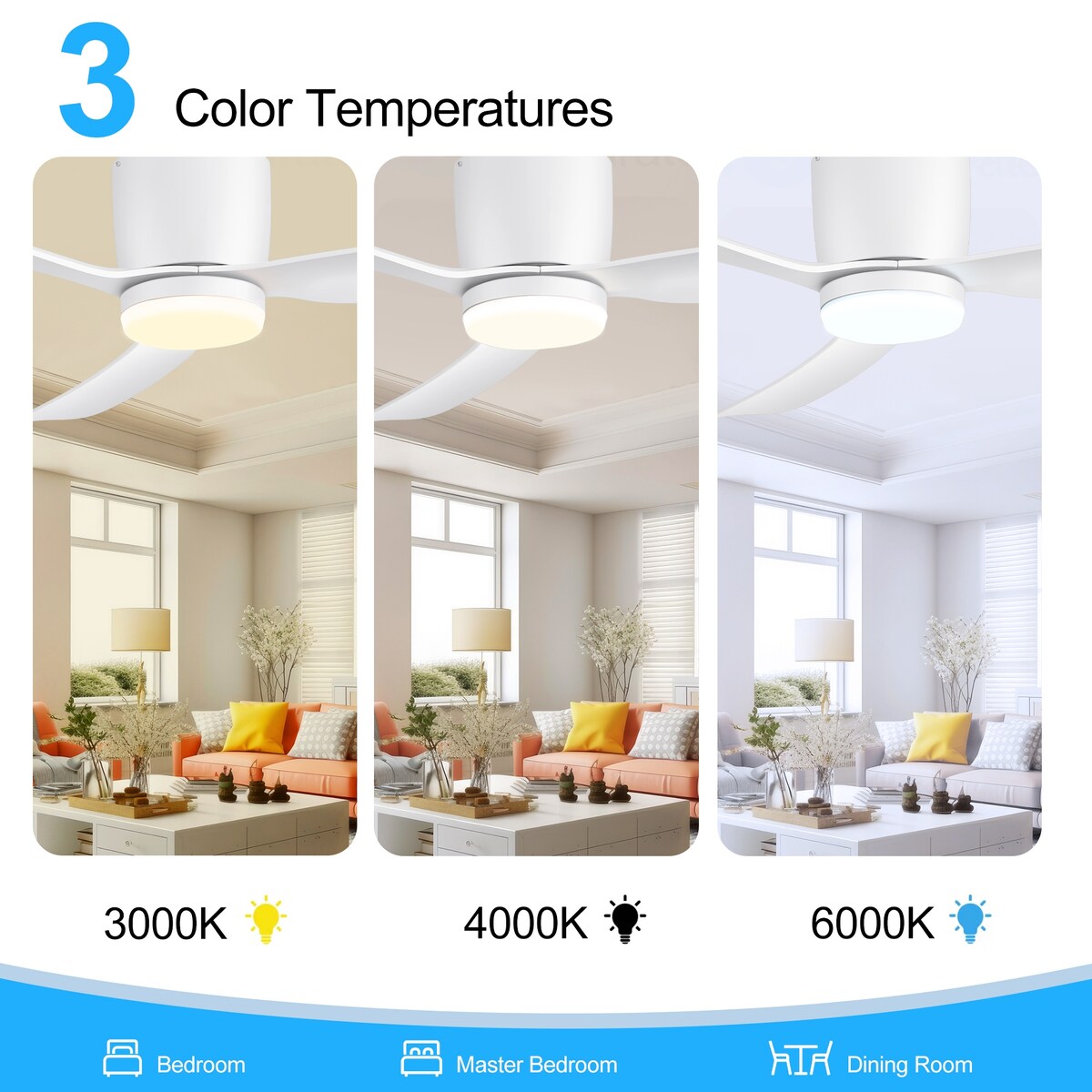 Ventilateur de plafond LED à montage encastré de 52 pouces noir/blanc avec télécommande (3 pales)