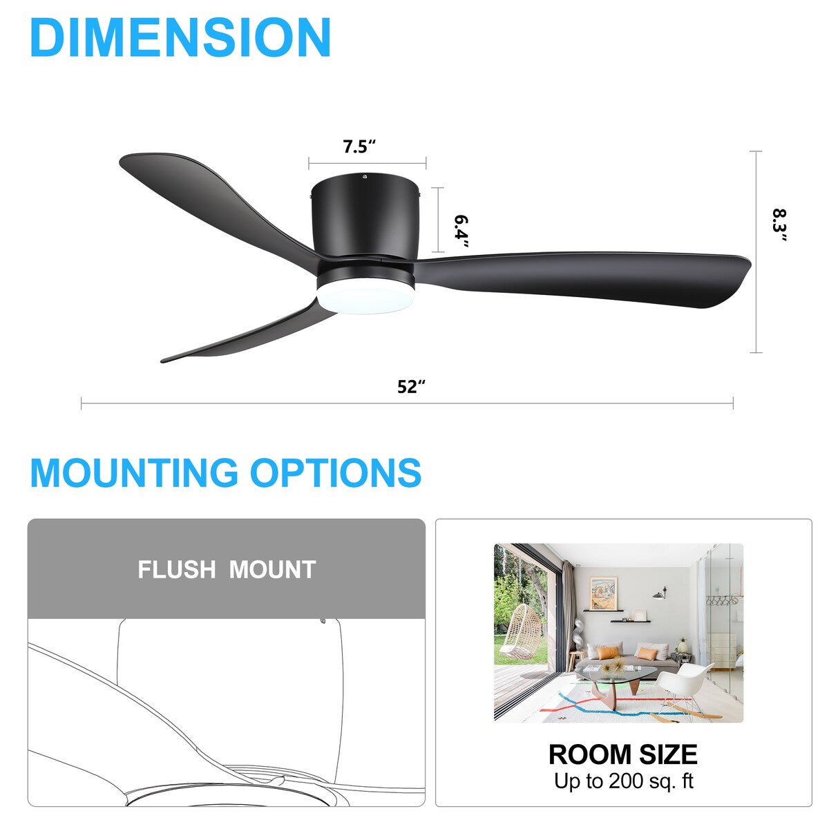 Ventilateur de plafond LED à montage encastré de 52 pouces noir/blanc avec télécommande (3 pales)