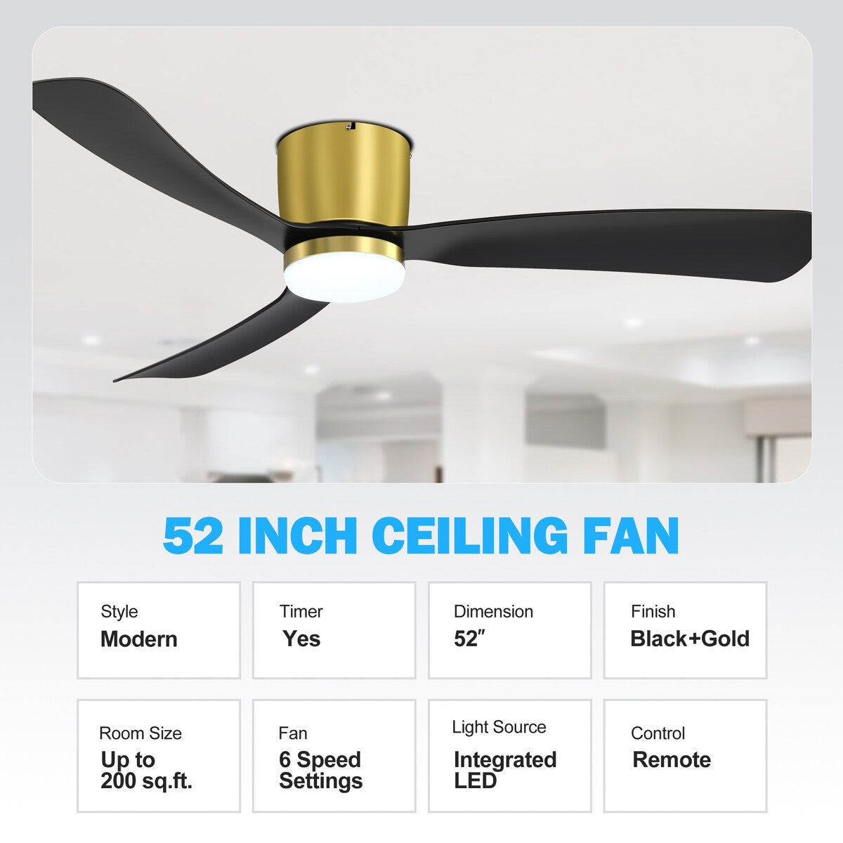 Ventilateur de plafond LED à montage encastré de 52 pouces noir/blanc avec télécommande (3 pales)