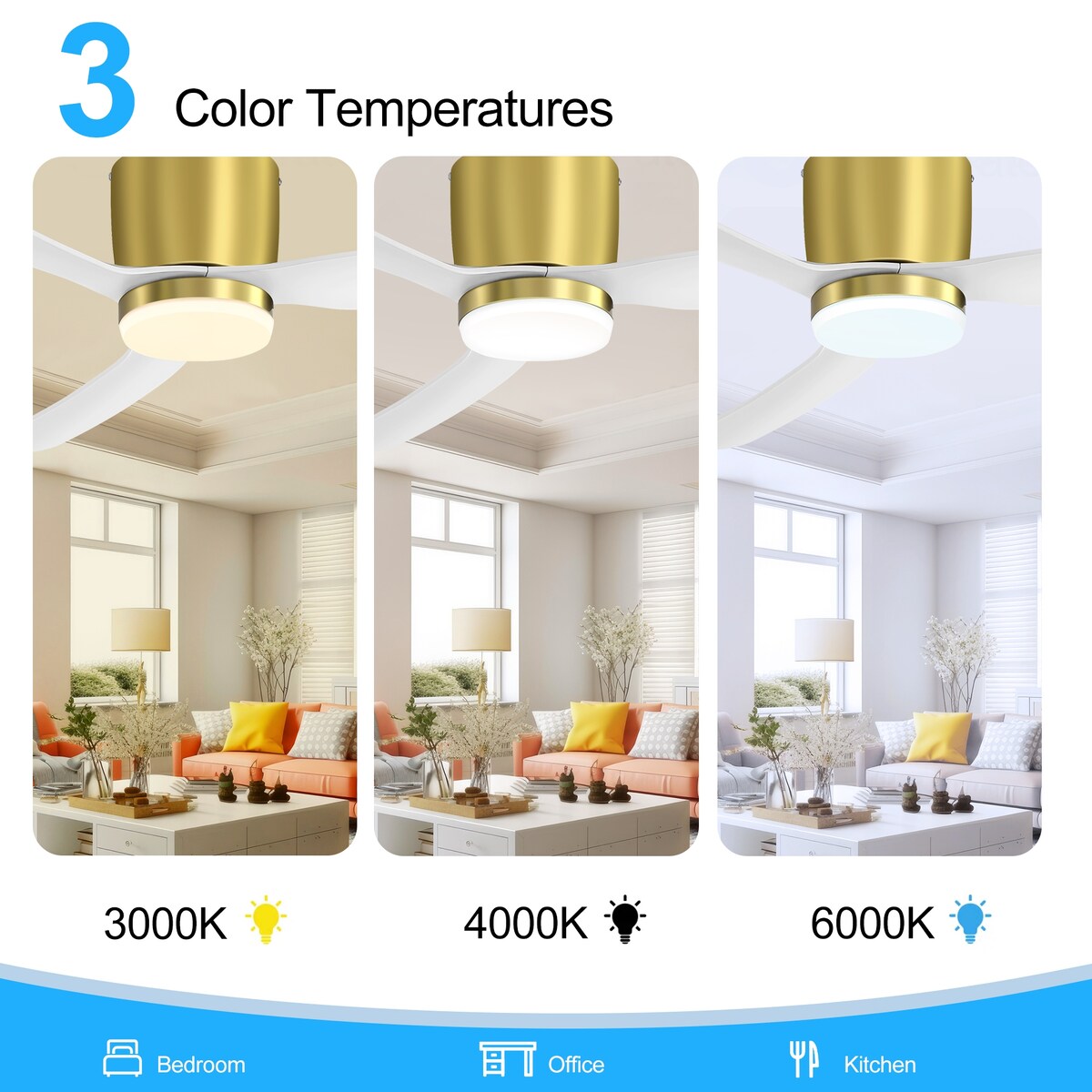 Ventilateur de plafond LED à montage encastré de 52 pouces noir/blanc avec télécommande (3 pales)