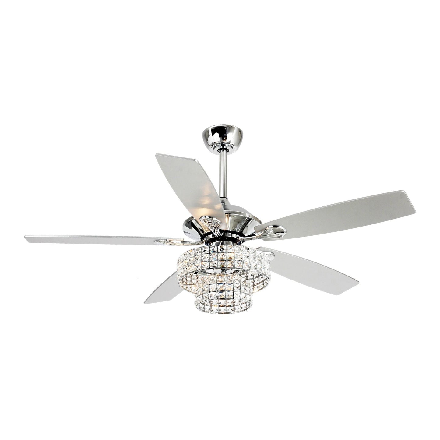 Ventilateur de plafond moderne à 5 pales en bois chromé de 52 pouces avec télécommande et cristaux.