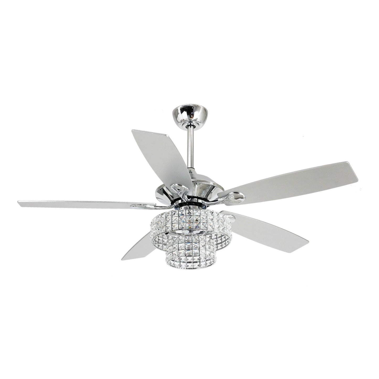 Ventilateur de plafond moderne à 5 pales en bois chromé de 52 pouces avec télécommande et cristaux.