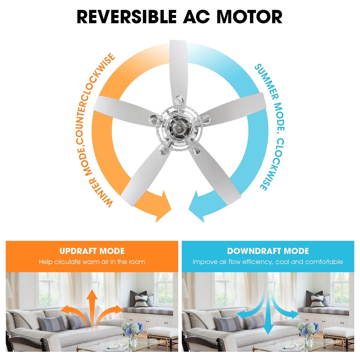 Ventilateur de plafond moderne à 5 pales en bois chromé de 52 pouces avec télécommande et cristaux.