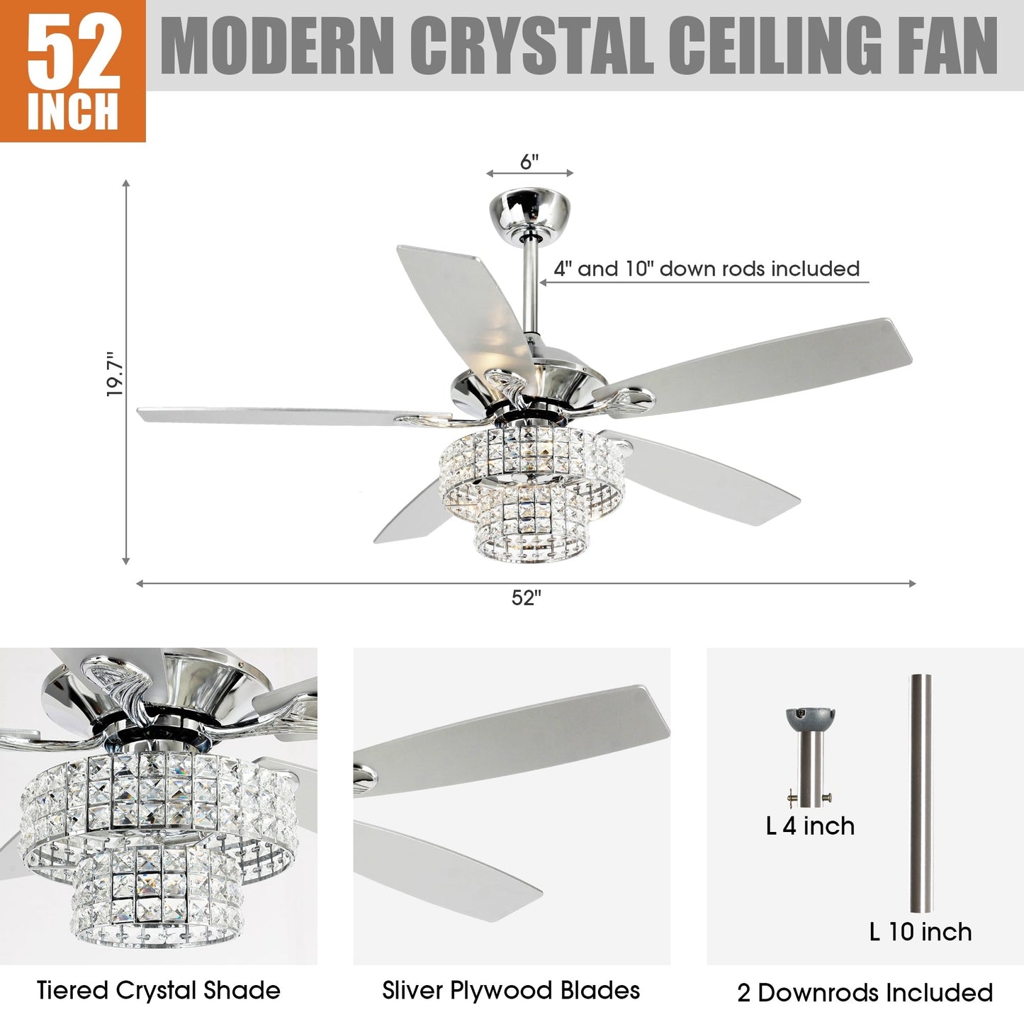 Ventilateur de plafond moderne à 5 pales en bois chromé de 52 pouces avec télécommande et cristaux.