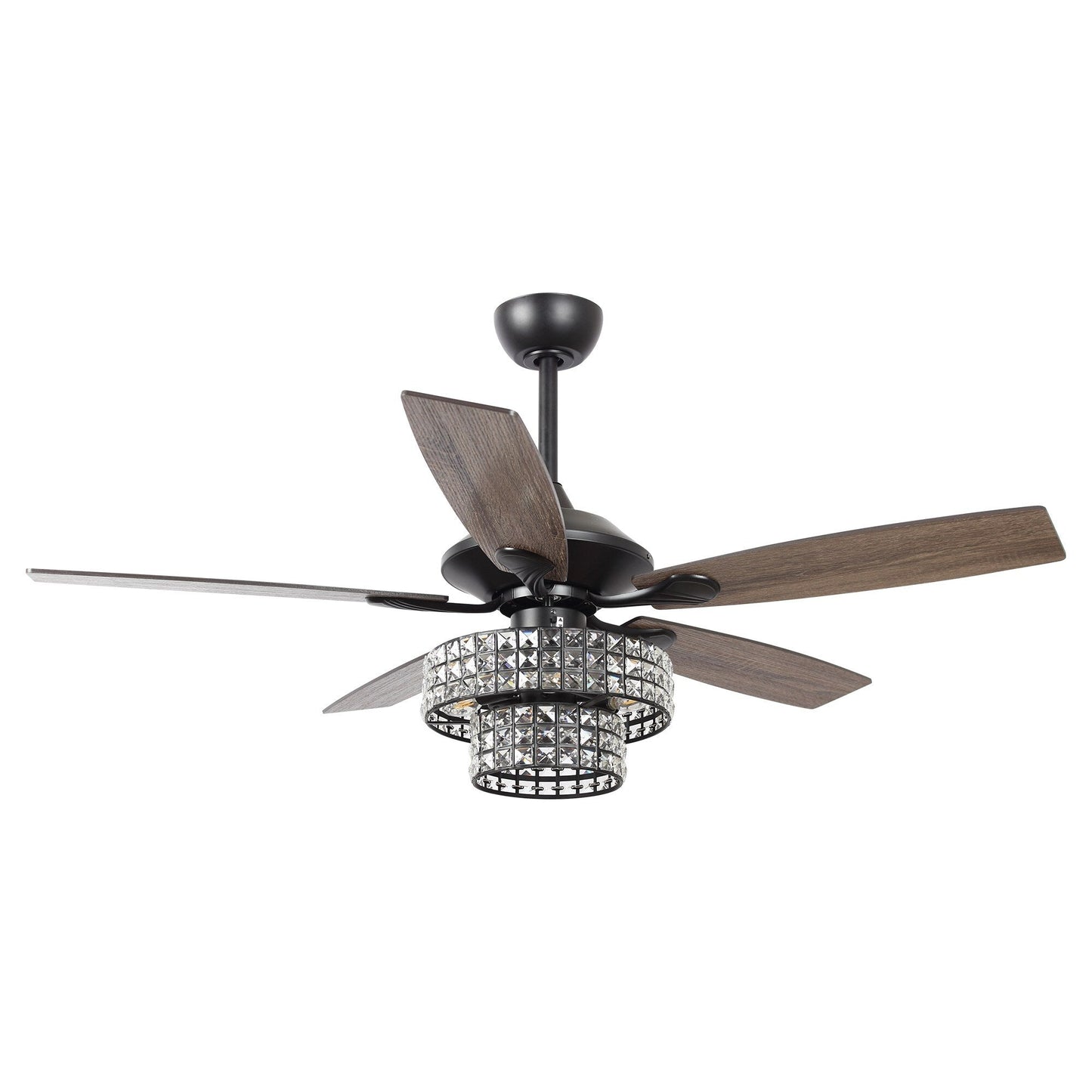 Ventilateur de plafond moderne à 5 pales en bois chromé de 52 pouces avec télécommande et cristaux.