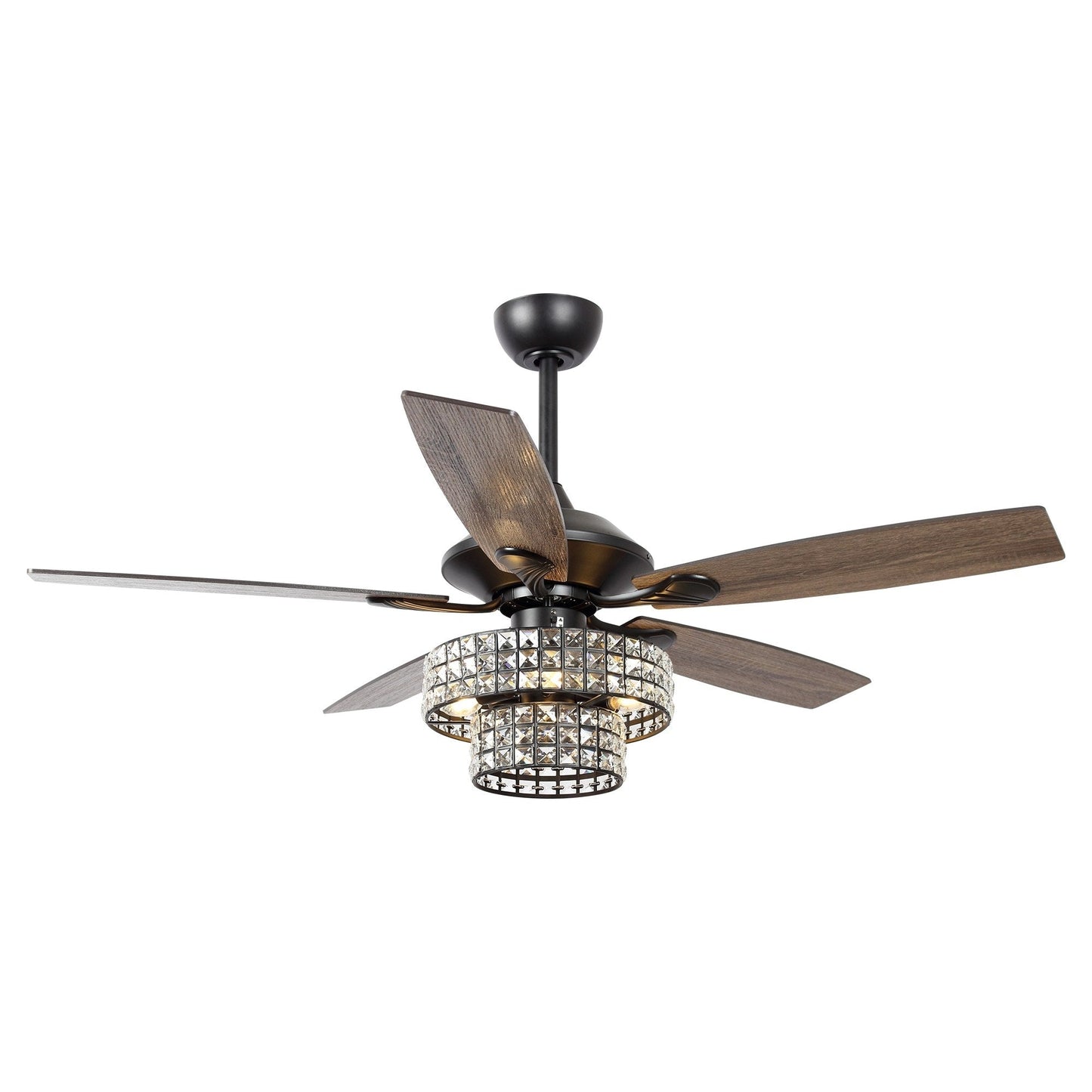 Ventilateur de plafond moderne à 5 pales en bois chromé de 52 pouces avec télécommande et cristaux.
