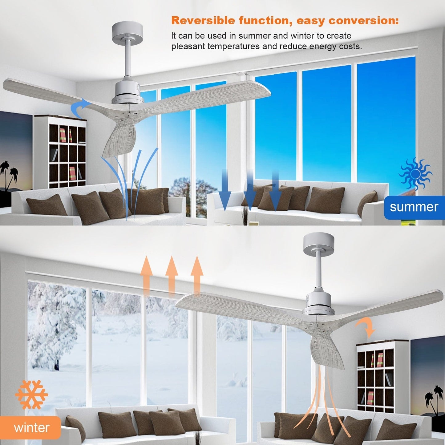 Ventilateur de plafond moderne de 52 pouces en bois massif/ABS avec télécommande (sans éclairage), 6 vitesses de vent, flux d'air réversible.
