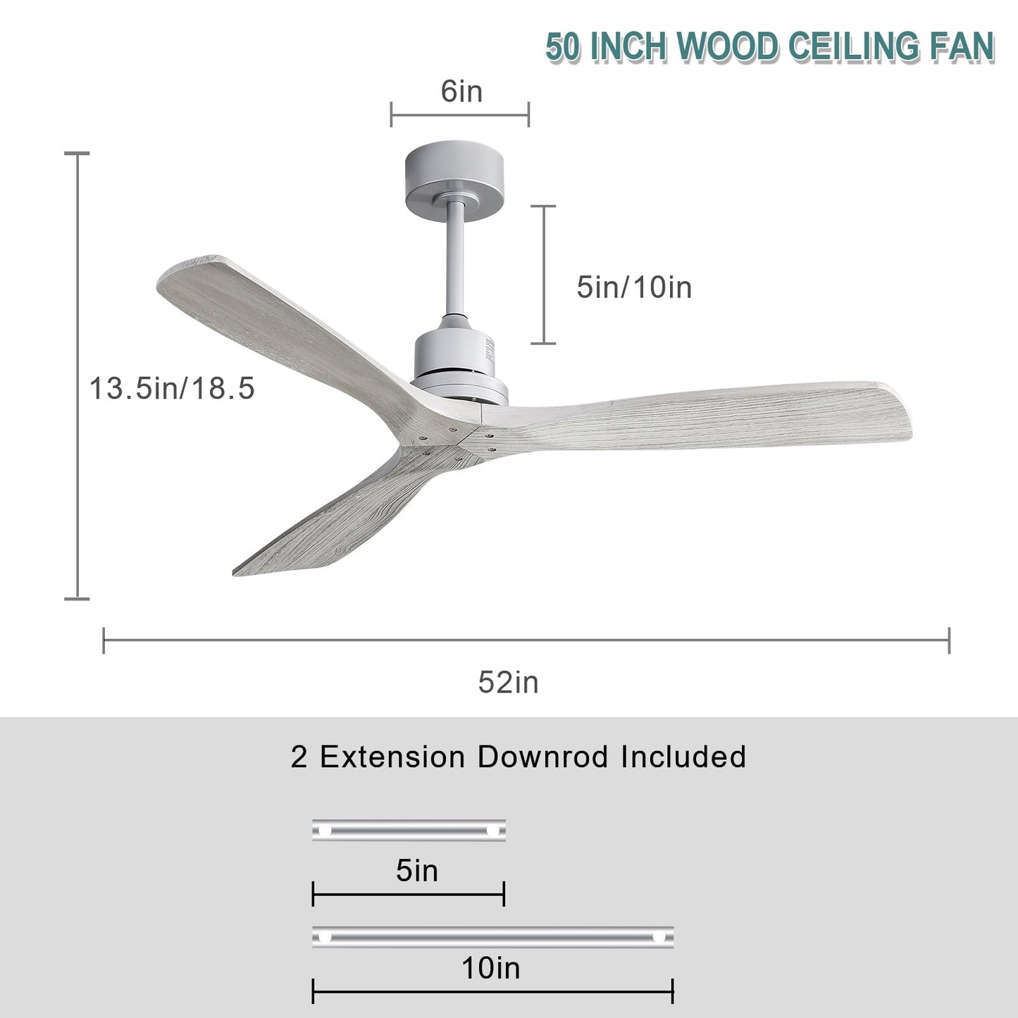 Ventilateur de plafond moderne de 52 pouces en bois massif/ABS avec télécommande (sans éclairage), 6 vitesses de vent, flux d'air réversible.