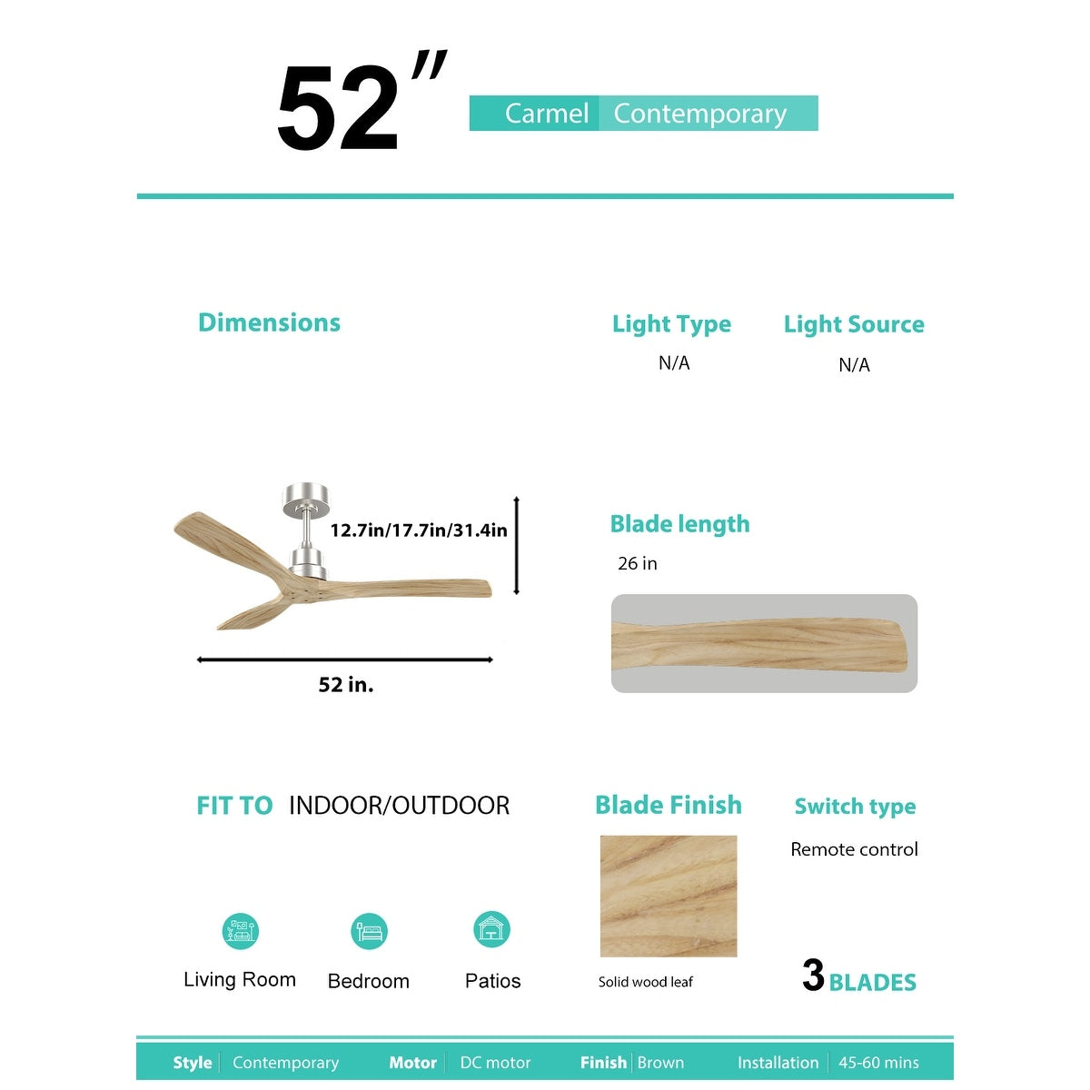 Ventilateur de plafond moderne de 52 pouces en bois massif/ABS avec télécommande (sans éclairage), 6 vitesses de vent, flux d'air réversible.
