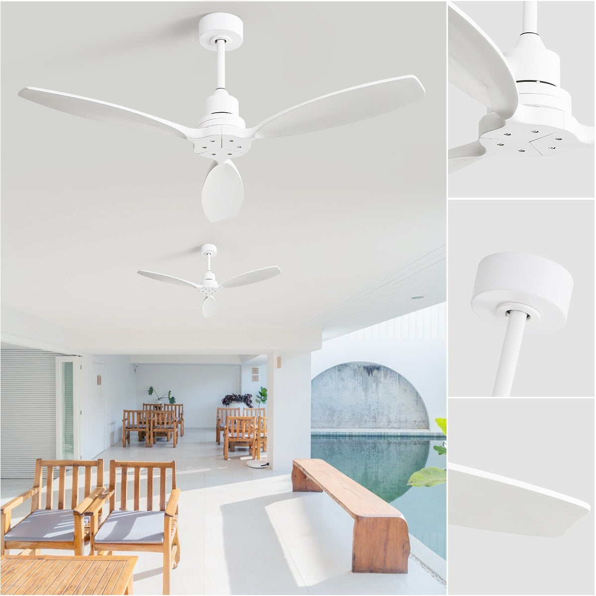 Ventilateur de plafond moderne de 52 pouces en bois massif/ABS avec télécommande (sans éclairage), 6 vitesses de vent, flux d'air réversible.