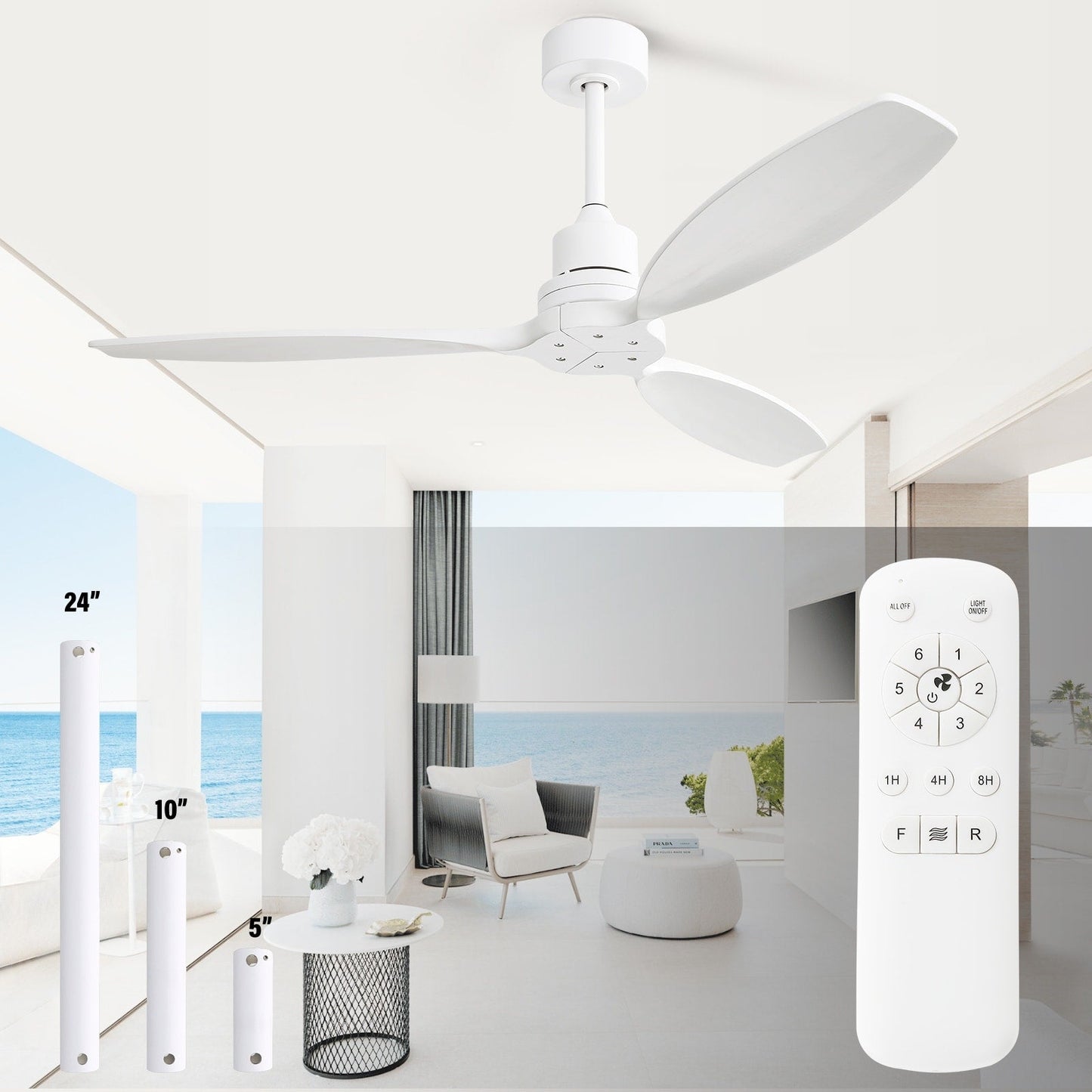 Ventilateur de plafond moderne de 52 pouces en bois massif/ABS avec télécommande (sans éclairage), 6 vitesses de vent, flux d'air réversible.