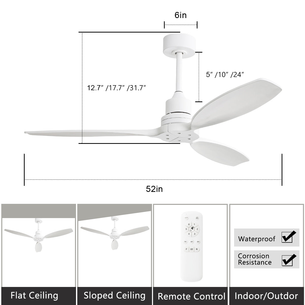 Ventilateur de plafond moderne de 52 pouces en bois massif/ABS avec télécommande (sans éclairage), 6 vitesses de vent, flux d'air réversible.