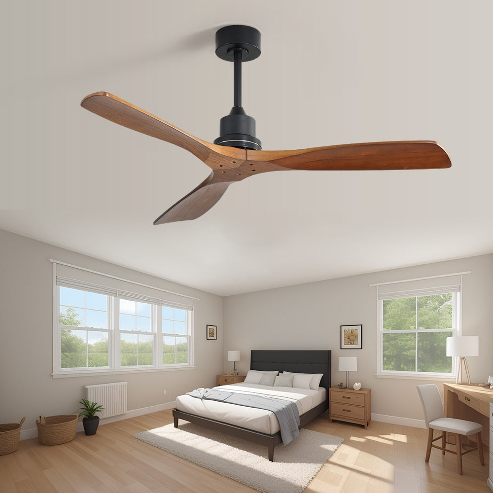 Ventilateur de plafond moderne de 52 pouces en bois massif/ABS avec télécommande (sans éclairage), 6 vitesses de vent, flux d'air réversible.