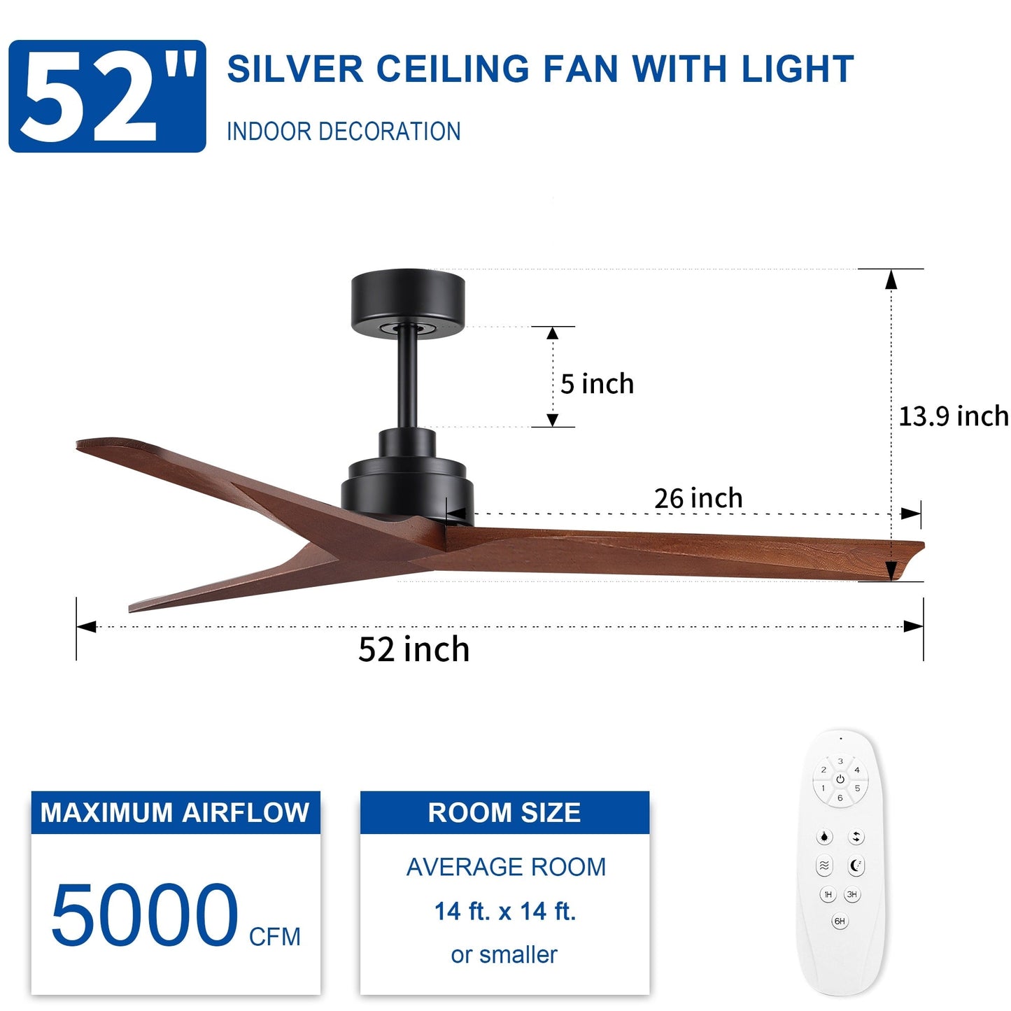 Ventilateur de plafond moderne de 52 pouces en bois massif/ABS avec télécommande (sans éclairage), 6 vitesses de vent, flux d'air réversible.