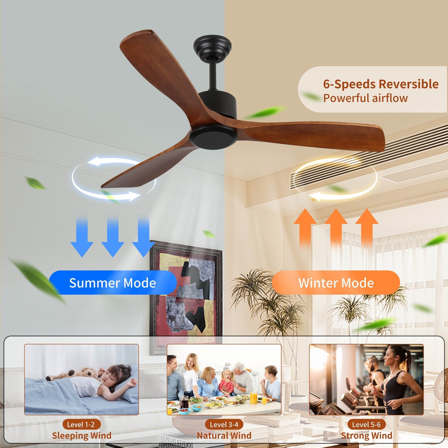 Ventilateur de plafond moderne de 52 pouces en bois massif/ABS avec télécommande (sans éclairage), 6 vitesses de vent, flux d'air réversible.