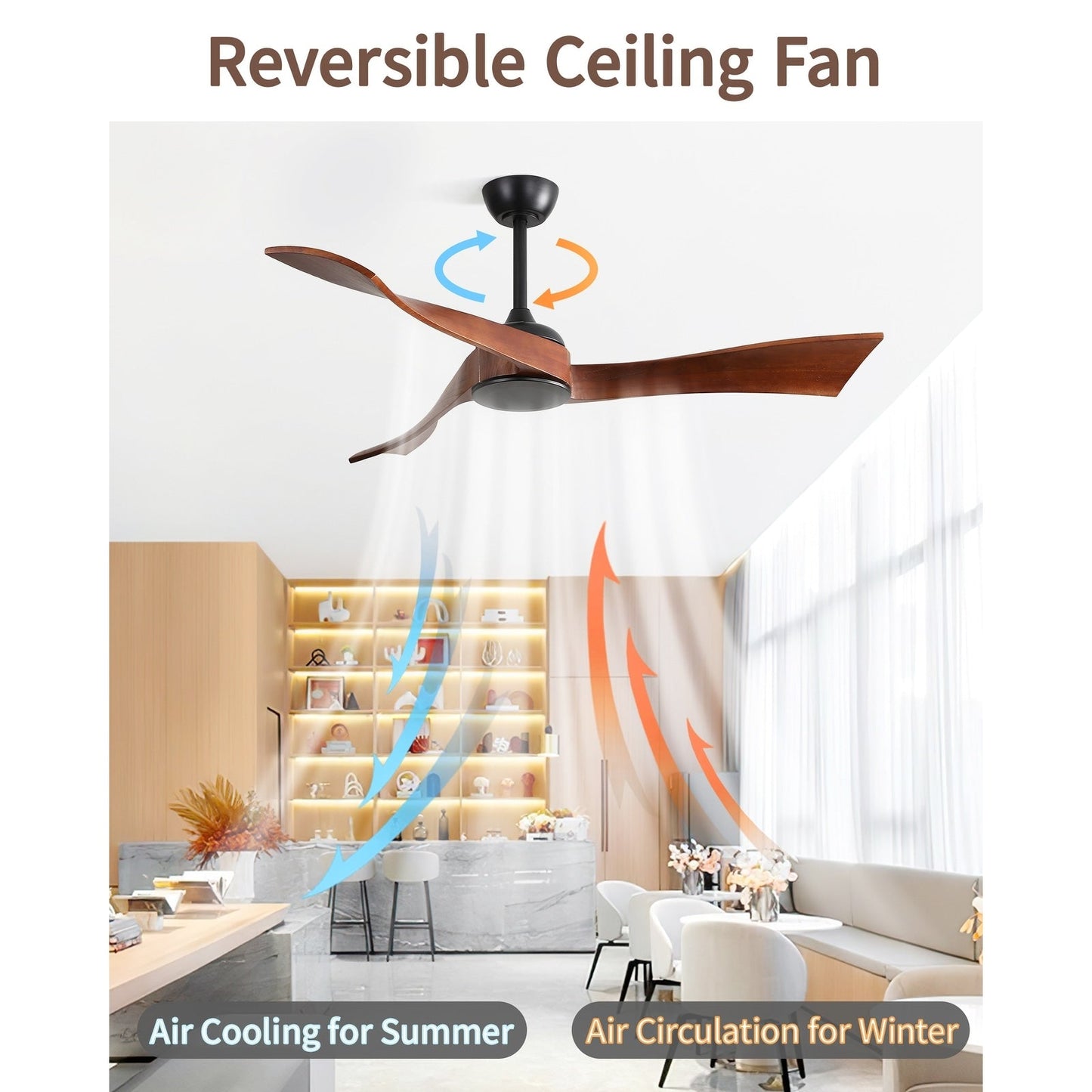 Ventilateur de plafond moderne de 52 pouces en bois massif/ABS avec télécommande (sans éclairage), 6 vitesses de vent, flux d'air réversible.