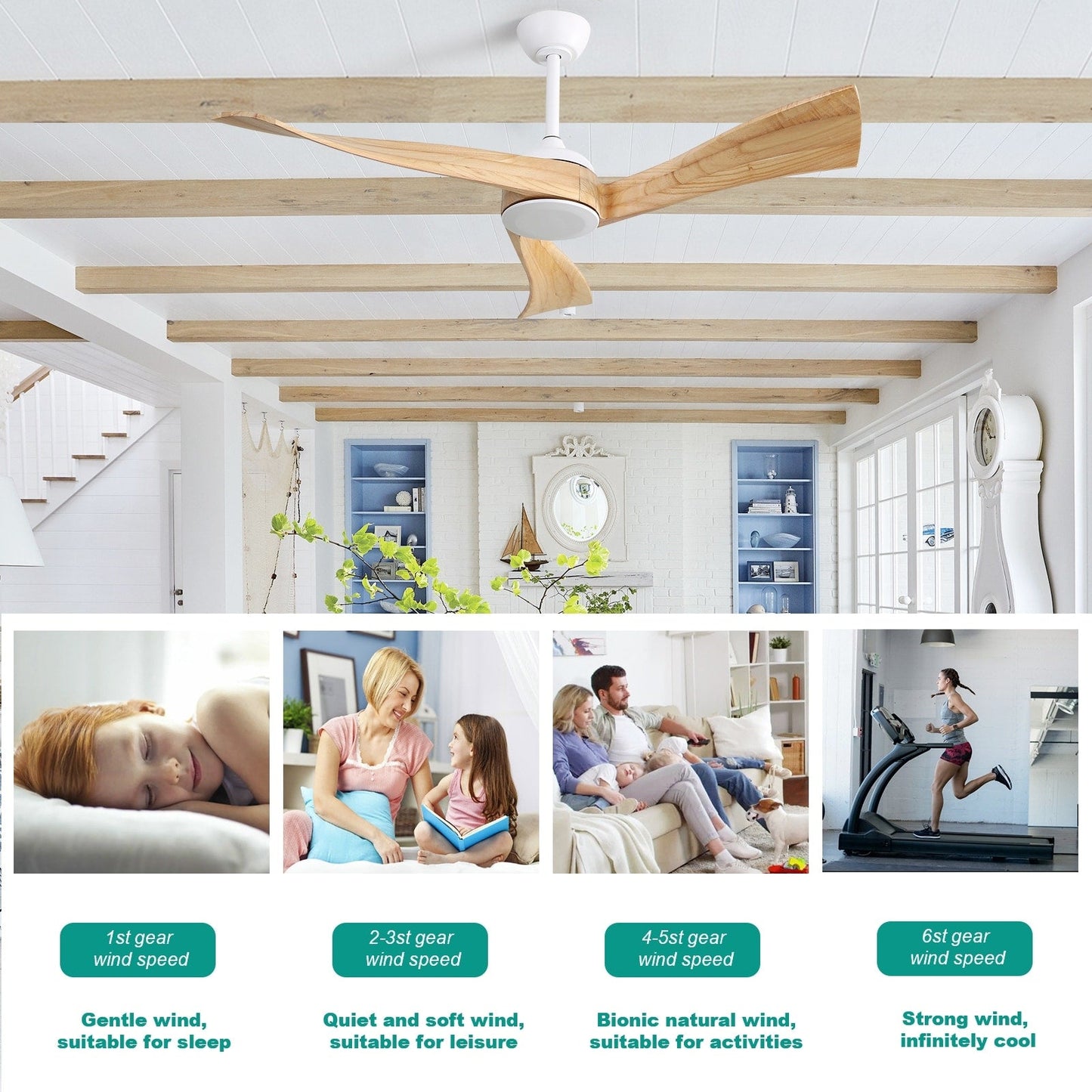 Ventilateur de plafond moderne de 52 pouces en bois massif/ABS avec télécommande (sans éclairage), 6 vitesses de vent, flux d'air réversible.