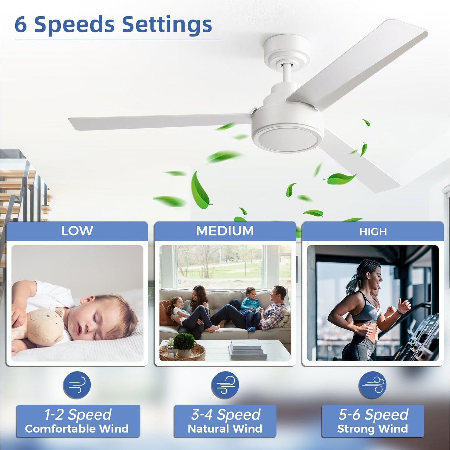 Ventilateur de plafond moderne de 52 pouces en bois massif/ABS avec télécommande (sans éclairage), 6 vitesses de vent, flux d'air réversible.