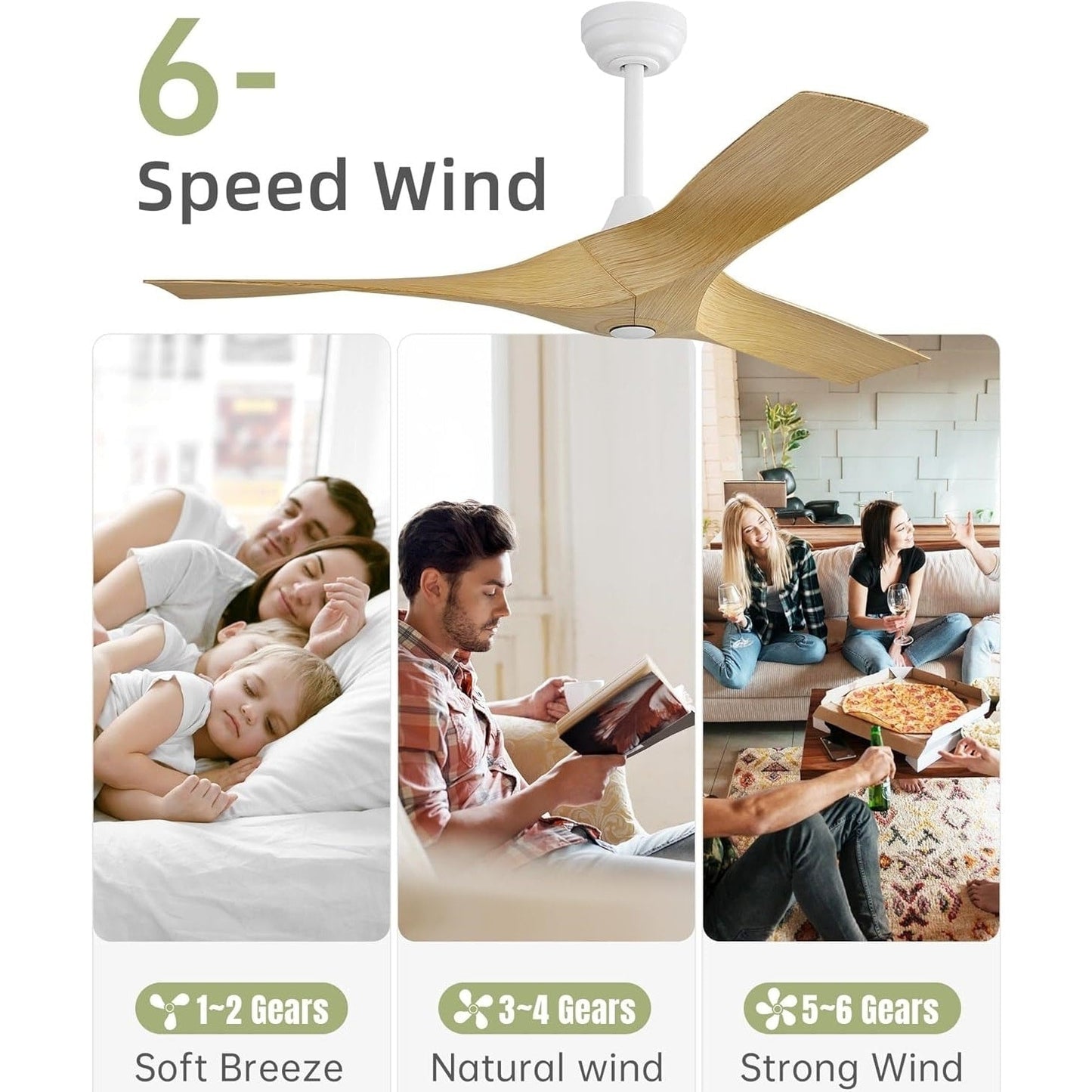 Ventilateur de plafond moderne de 52 pouces en bois massif/ABS avec télécommande (sans éclairage), 6 vitesses de vent, flux d'air réversible.