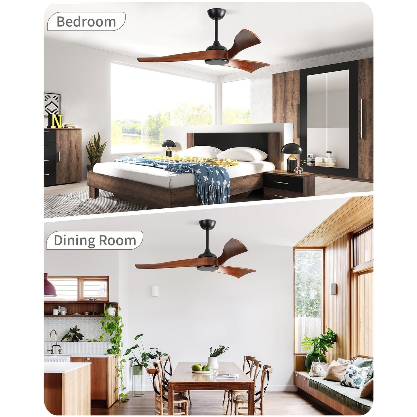 Ventilateur de plafond moderne de 52 pouces en bois massif/ABS avec télécommande (sans éclairage), 6 vitesses de vent, flux d'air réversible.