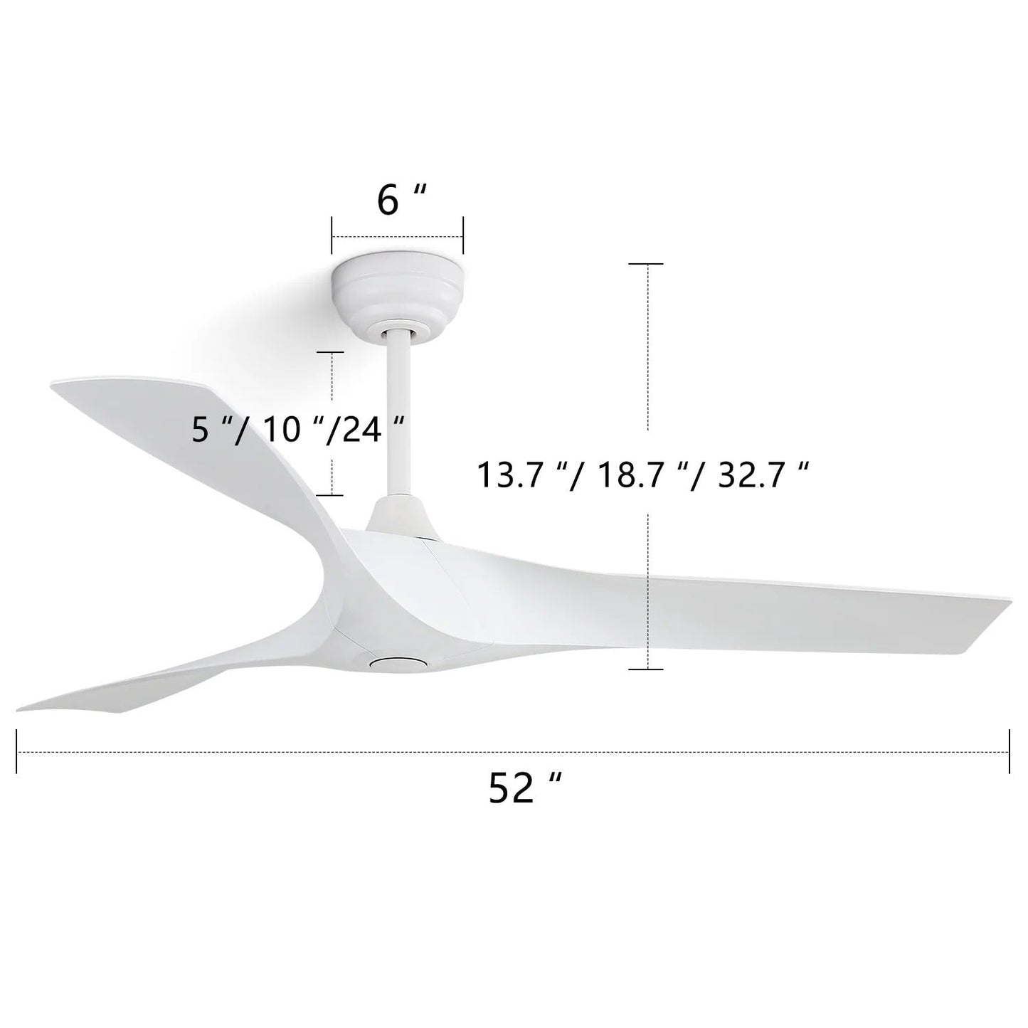 Ventilateur de plafond moderne de 52 pouces en bois massif/ABS avec télécommande (sans éclairage), 6 vitesses de vent, flux d'air réversible.