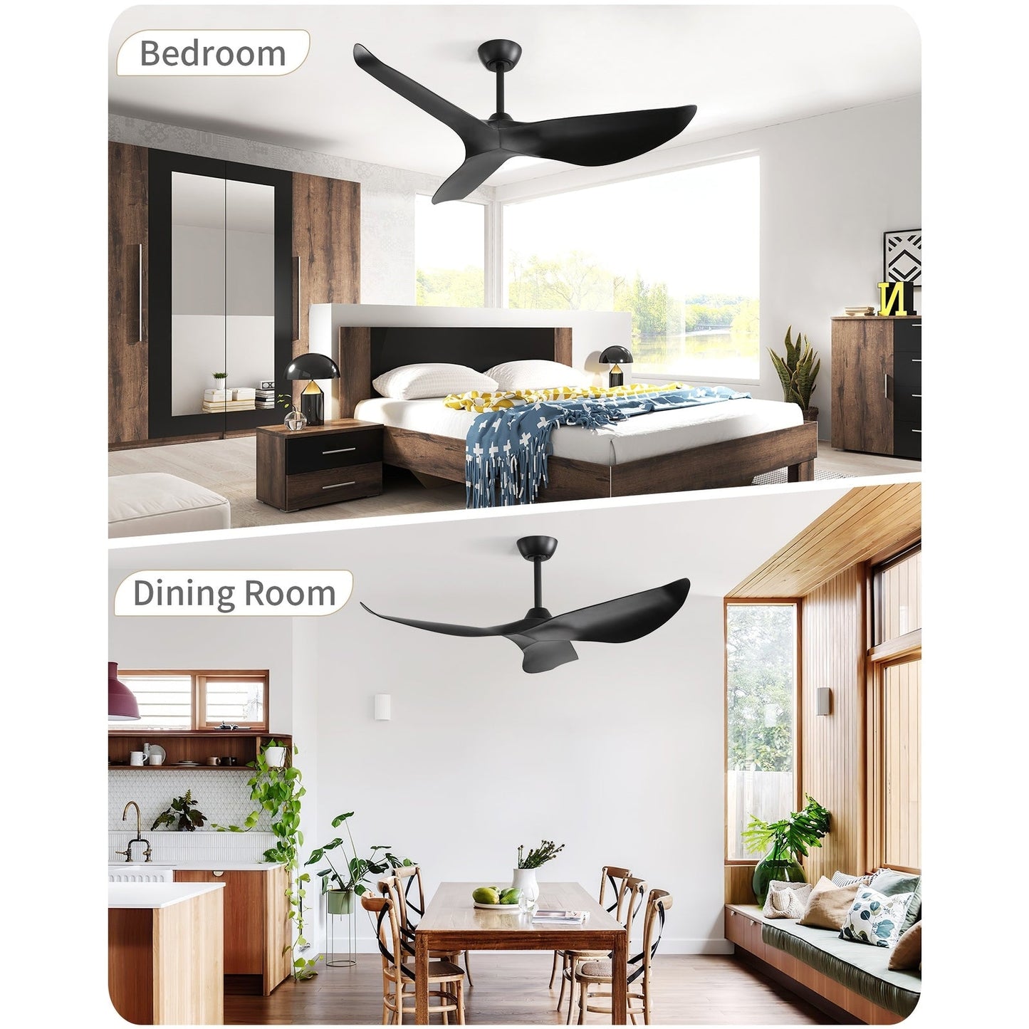 Ventilateur de plafond moderne de 52 pouces en bois massif/ABS avec télécommande (sans éclairage), 6 vitesses de vent, flux d'air réversible.