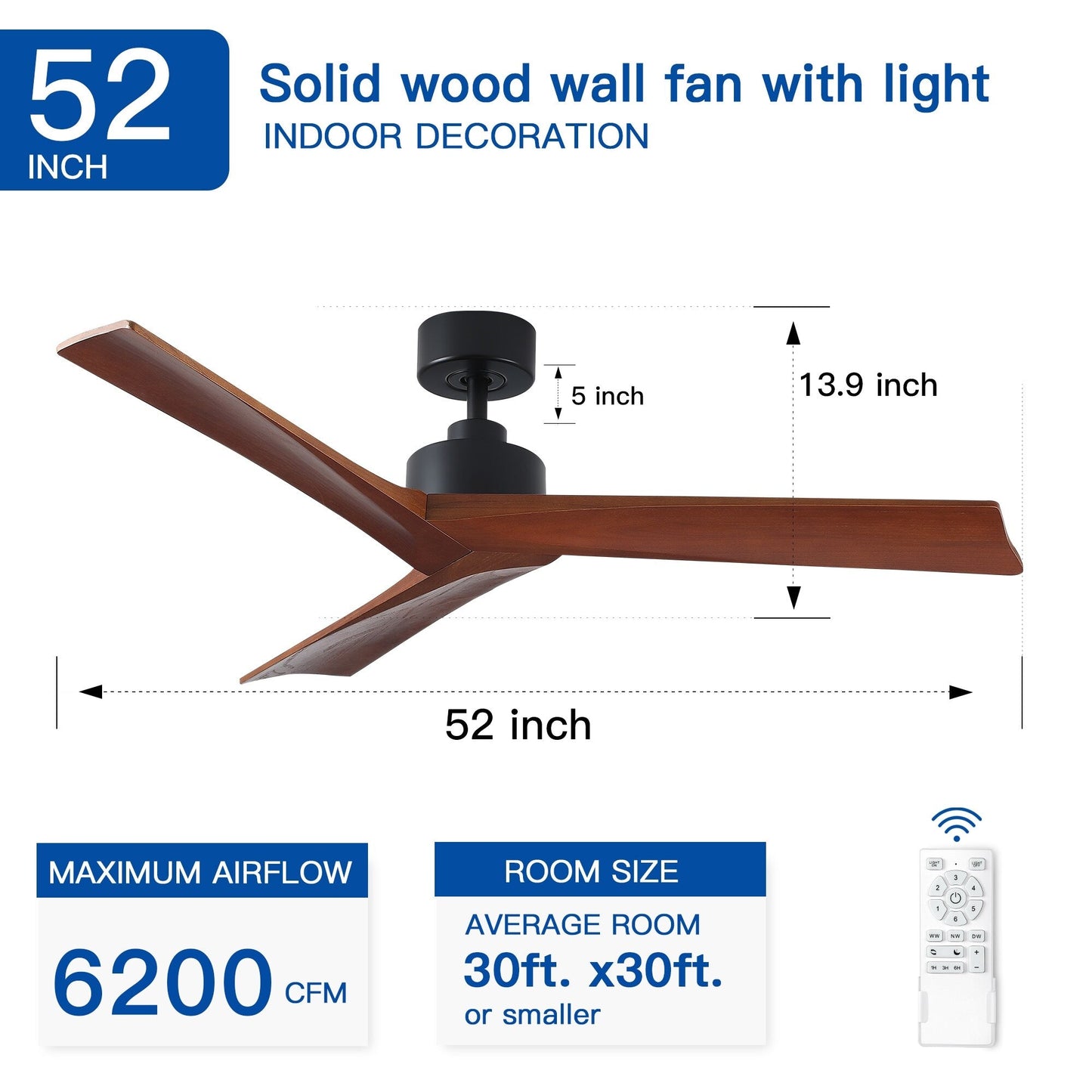 Ventilateur de plafond moderne de 52 pouces en bois massif/ABS avec télécommande (sans éclairage), 6 vitesses de vent, flux d'air réversible.