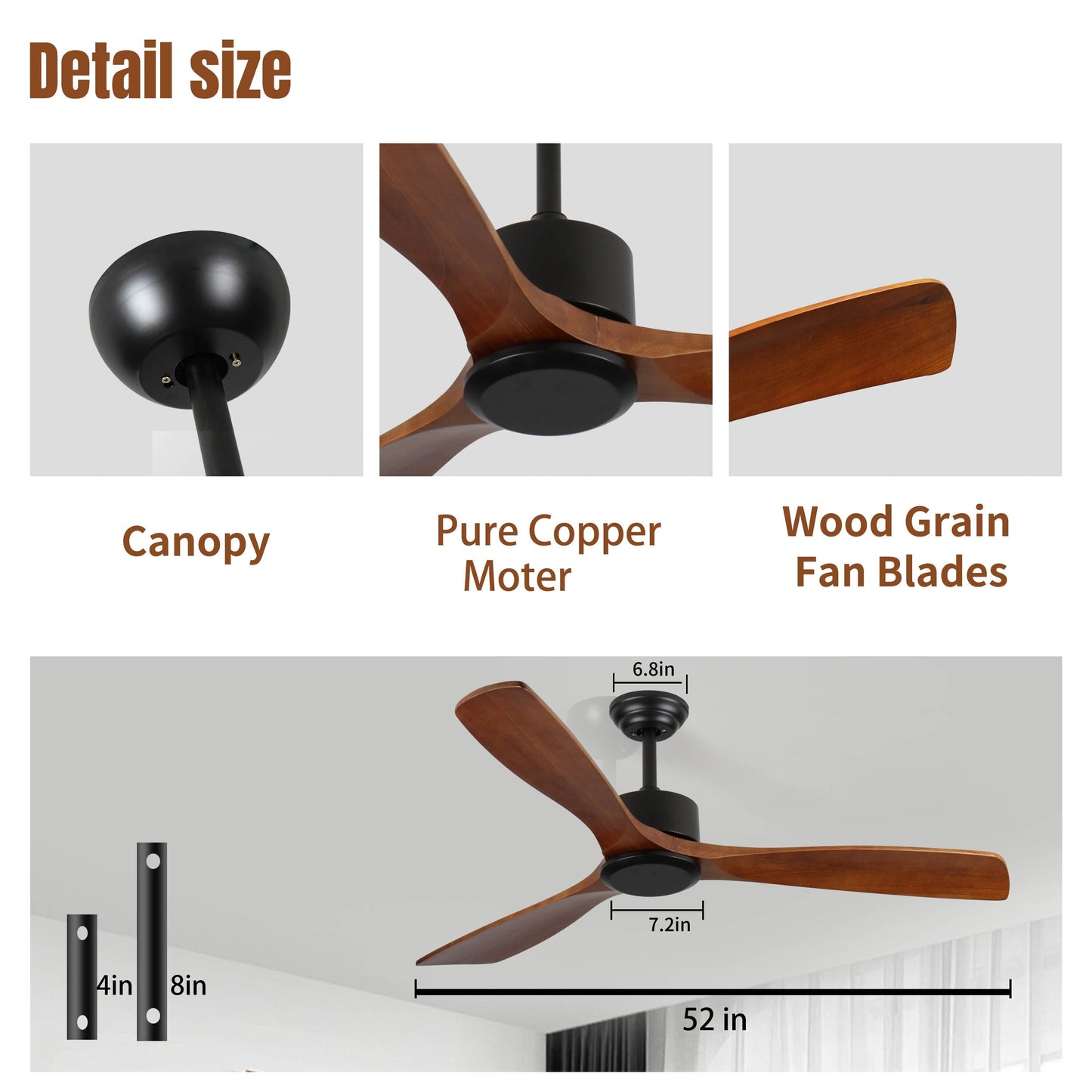 Ventilateur de plafond moderne de 52 pouces en bois massif/ABS avec télécommande (sans éclairage), 6 vitesses de vent, flux d'air réversible.