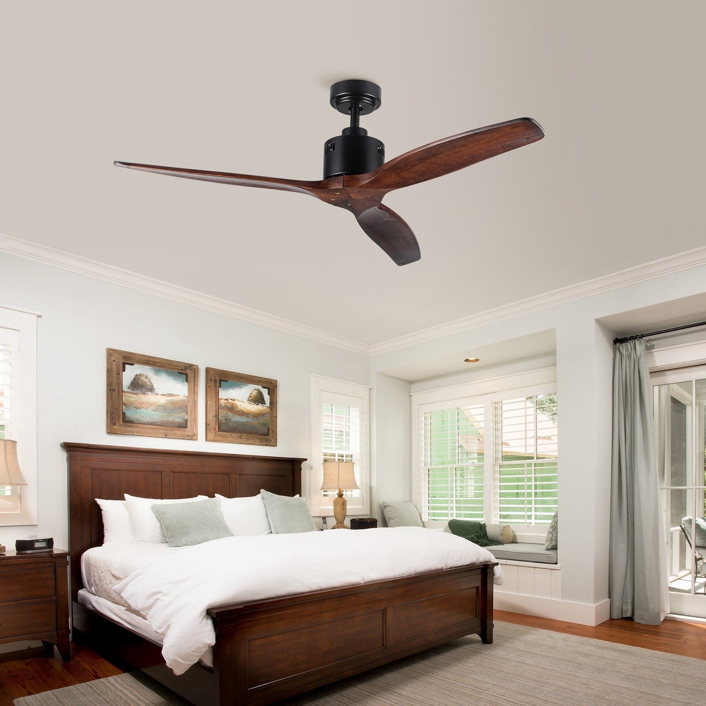 Ventilateur de plafond moderne de 52 pouces en bois massif/ABS avec télécommande (sans éclairage), 6 vitesses de vent, flux d'air réversible.