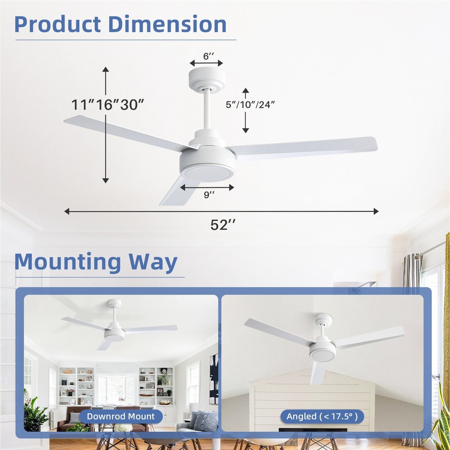 Ventilateur de plafond moderne de 52 pouces en bois massif/ABS avec télécommande (sans éclairage), 6 vitesses de vent, flux d'air réversible.