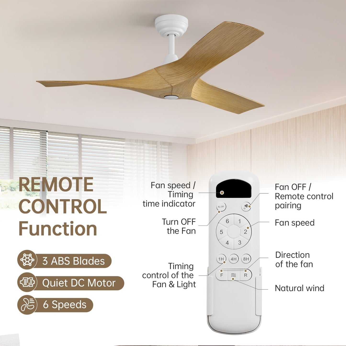 Ventilateur de plafond moderne de 52 pouces en bois massif/ABS avec télécommande (sans éclairage), 6 vitesses de vent, flux d'air réversible.
