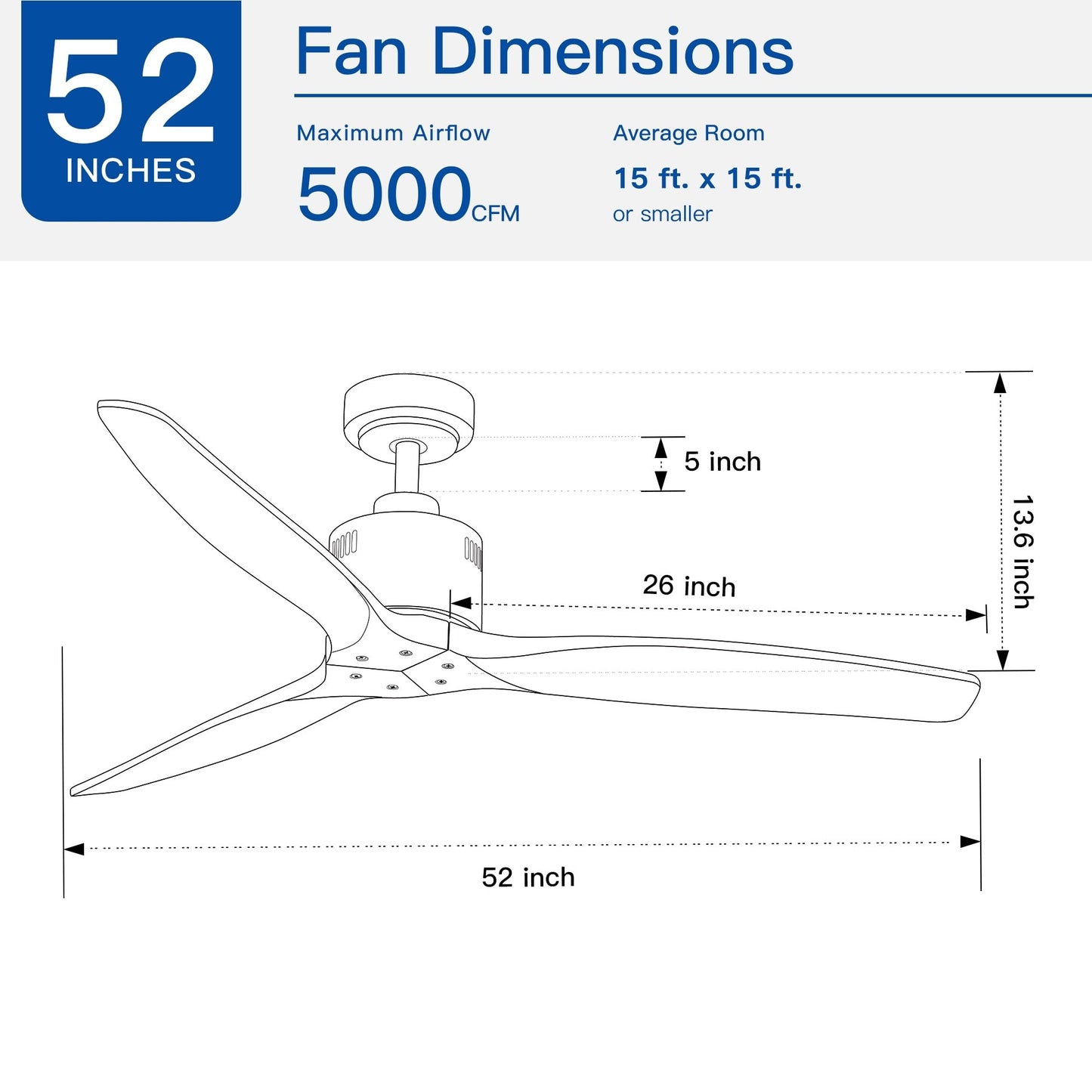 Ventilateur de plafond moderne de 52 pouces en bois massif/ABS avec télécommande (sans éclairage), 6 vitesses de vent, flux d'air réversible.
