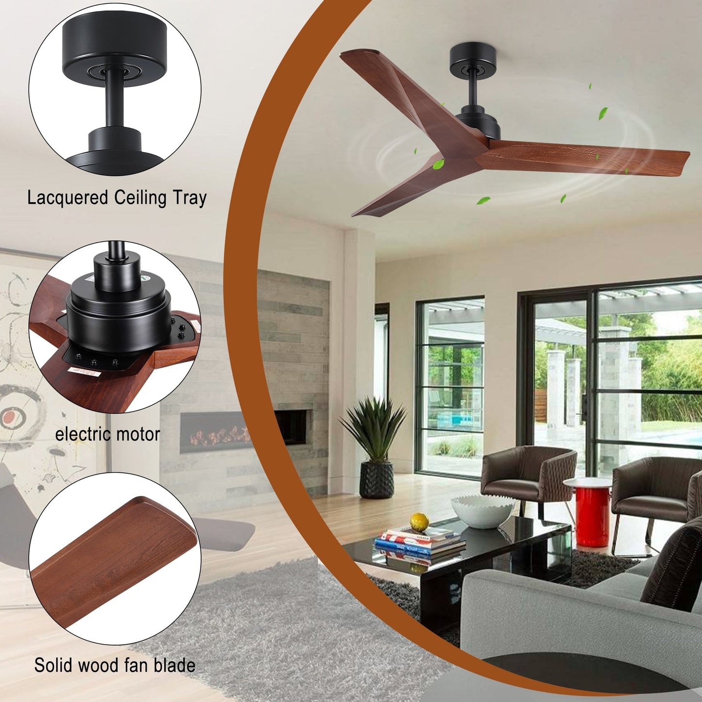 Ventilateur de plafond moderne de 52 pouces en bois massif/ABS avec télécommande (sans éclairage), 6 vitesses de vent, flux d'air réversible.