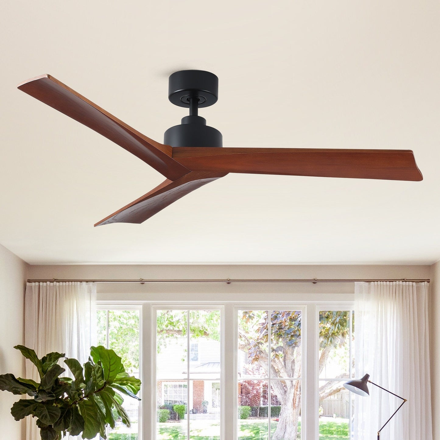 Ventilateur de plafond moderne de 52 pouces en bois massif/ABS avec télécommande (sans éclairage), 6 vitesses de vent, flux d'air réversible.