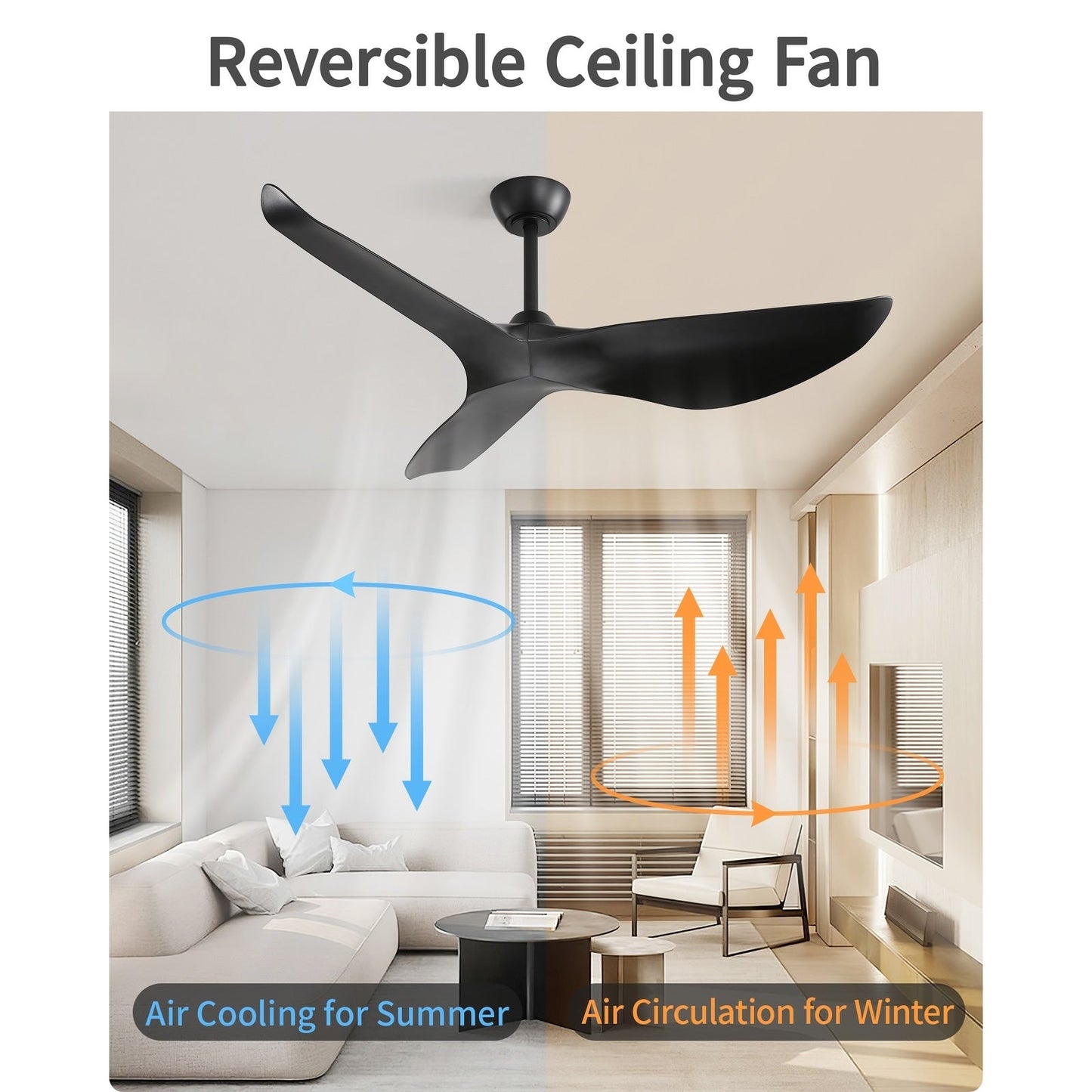 Ventilateur de plafond moderne de 52 pouces en bois massif/ABS avec télécommande (sans éclairage), 6 vitesses de vent, flux d'air réversible.