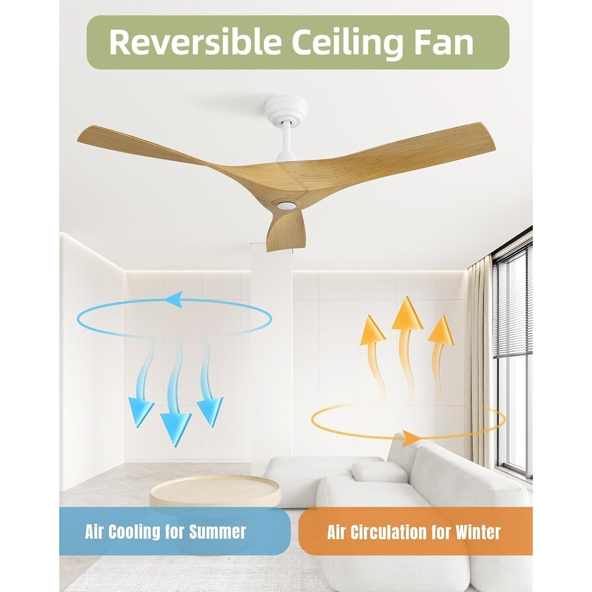 Ventilateur de plafond moderne de 52 pouces en bois massif/ABS avec télécommande (sans éclairage), 6 vitesses de vent, flux d'air réversible.